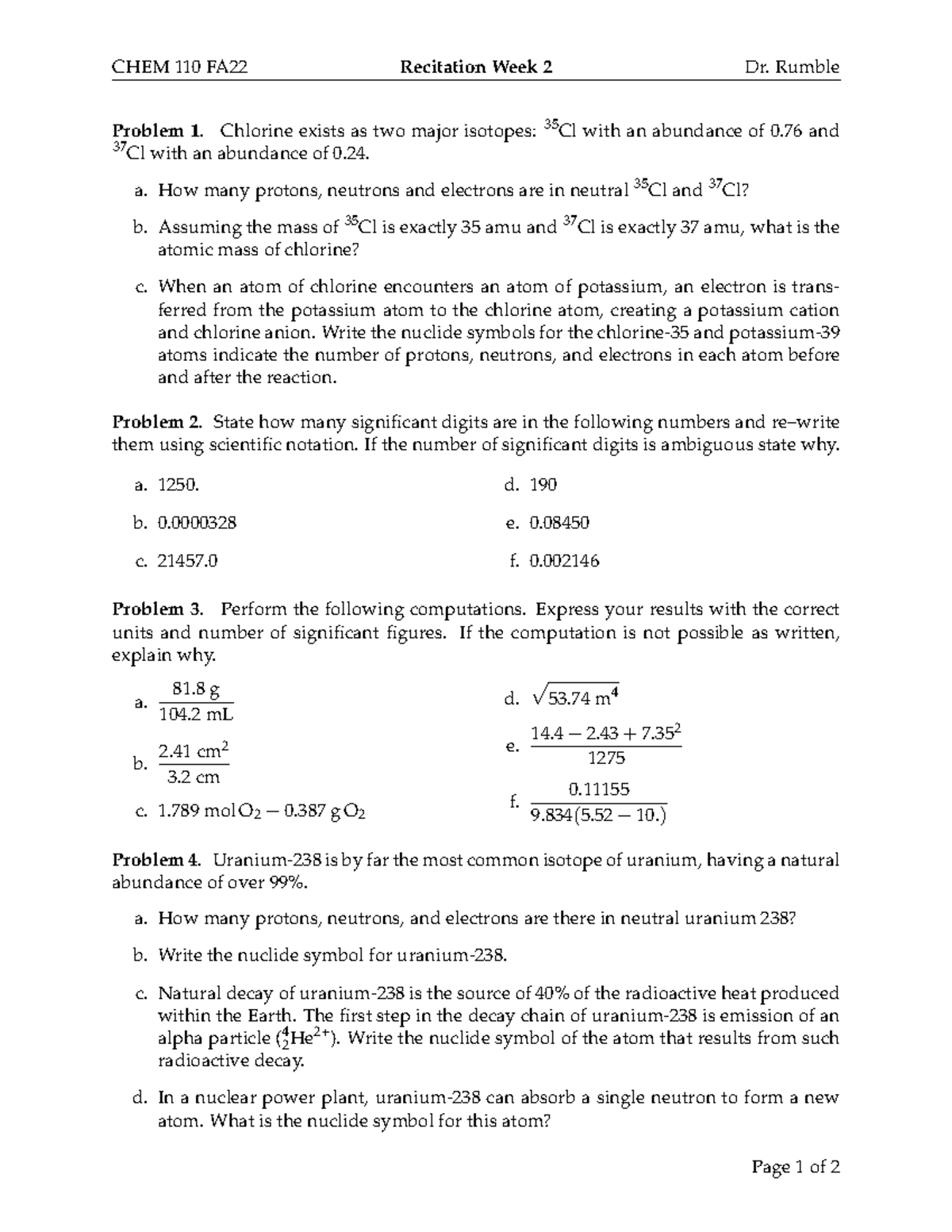 Chem110 rec week2 - chem recitation practice - CHEM 110 FA22 Recitation ...