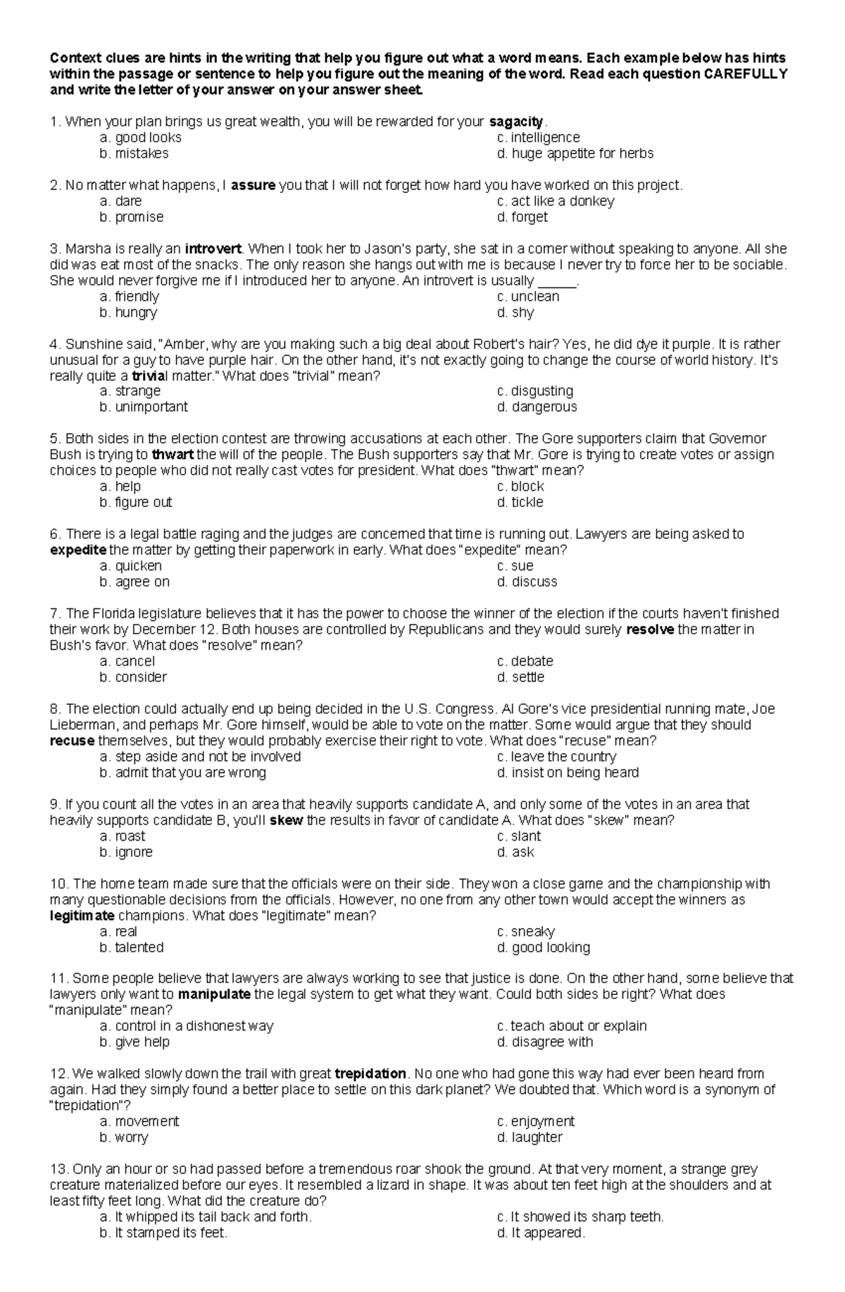 Context clues - Each example below has hints within the passage or ...