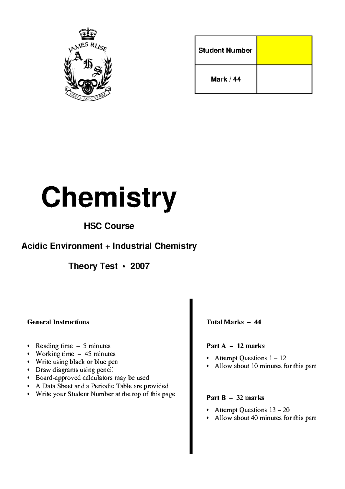 James Ruse 2007 Chemistry HY & Solutions - Chemistry HSC Course Acidic ...