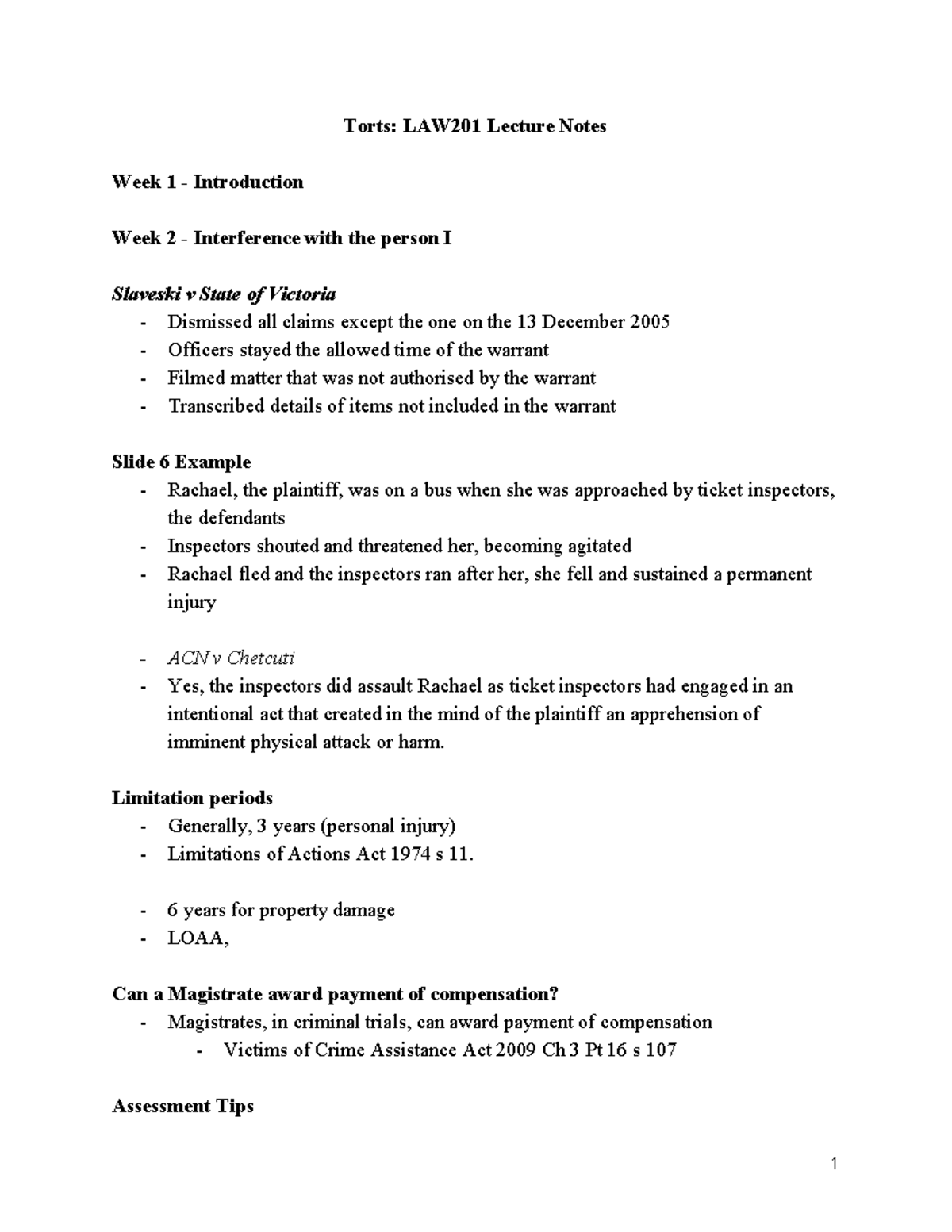 Torts LAW201 Lecture Notes - Torts: LAW201 Lecture Notes Week 1 ...