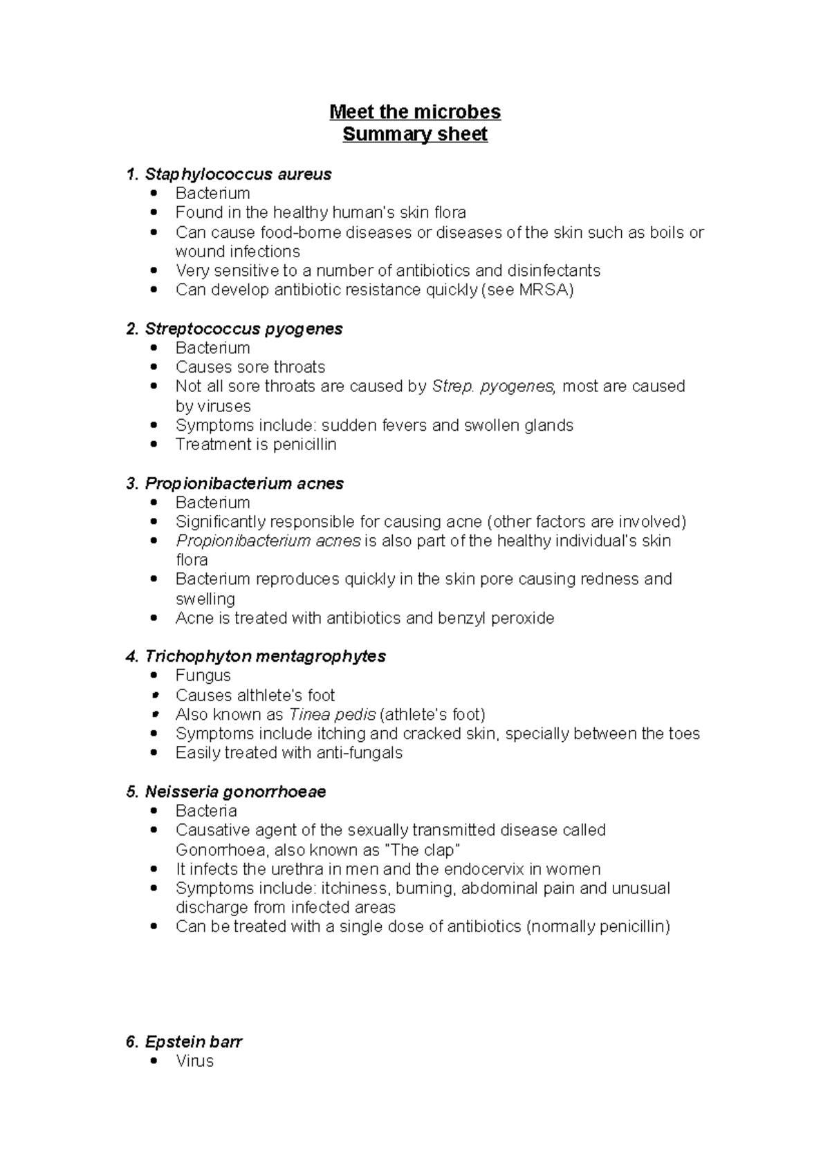 Meet The Microbes Meet The Microbes Summary Sheet Staphylococcus