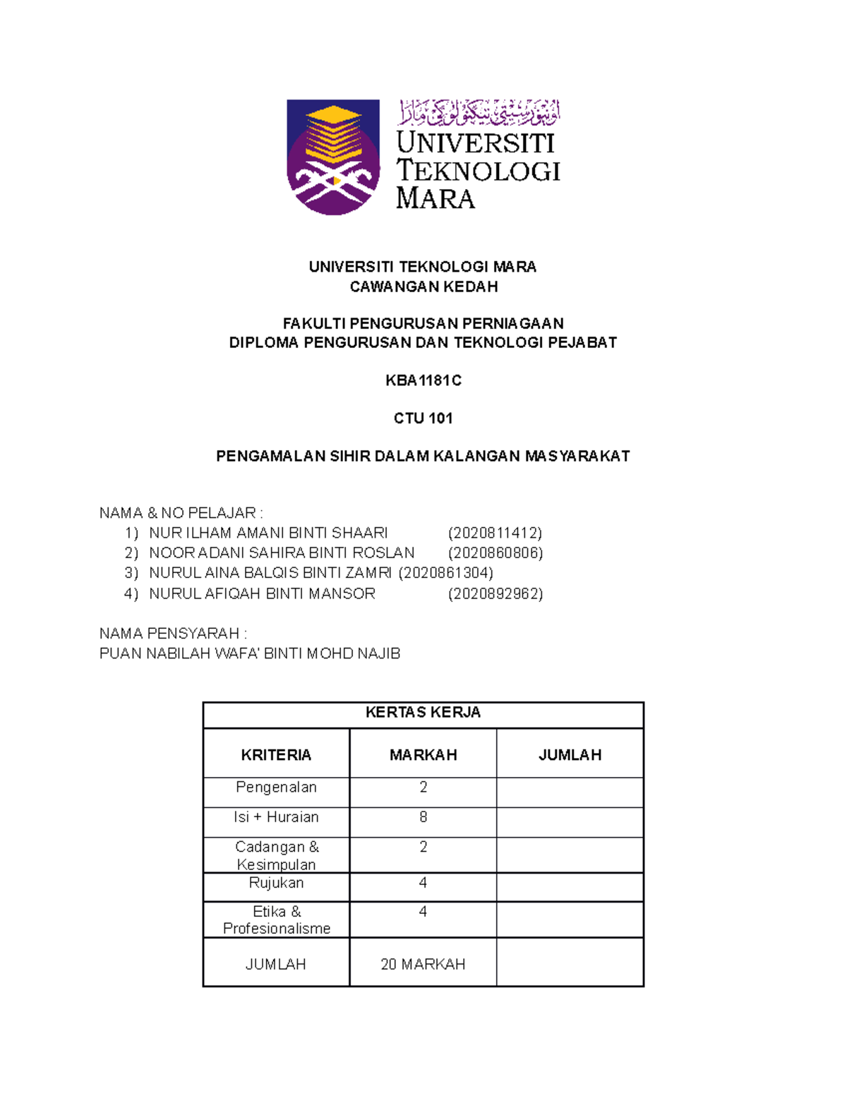 Ctu101 Kertas Kerja Agama Universiti Teknologi Mara Cawangan Kedah Fakulti Pengurusan