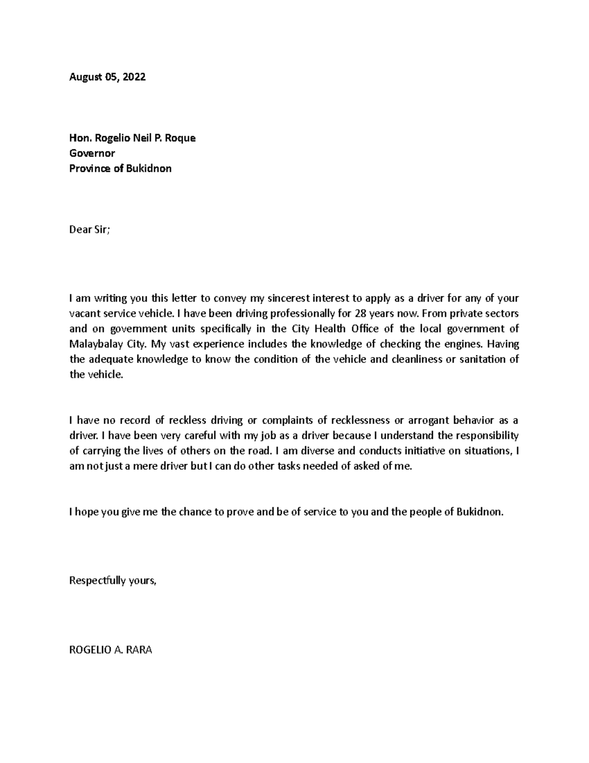 Application Letter (roger Rara) - August 05, 2022 Hon. Rogelio Neil P 