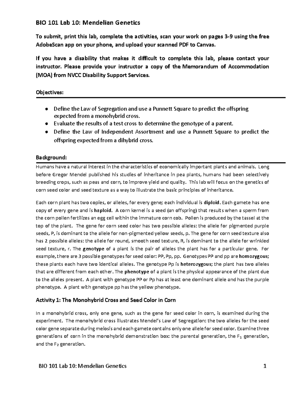 BIO 101 Lab 10, Mendelian BIO 101 Lab 10 Mendelian