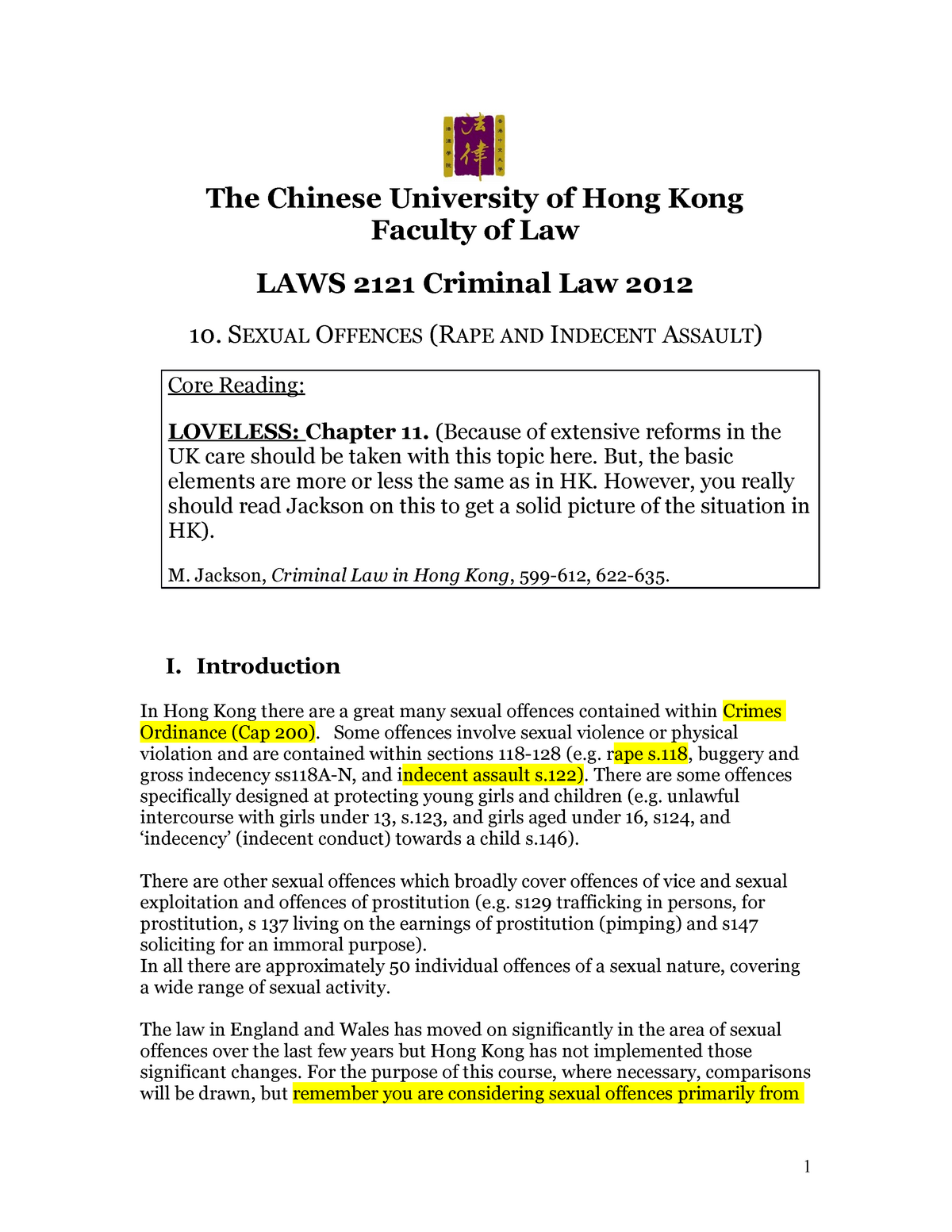 Handout Criminal Law1 Sexual Offence The Chinese University Of Hong Kong Faculty Of Law Laws
