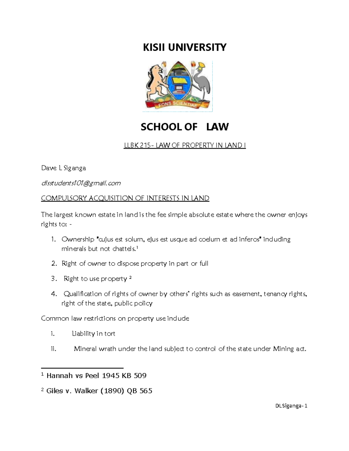 Compulsory Acquisition in property law kenya KISII UNIVERSITY SCHOOL