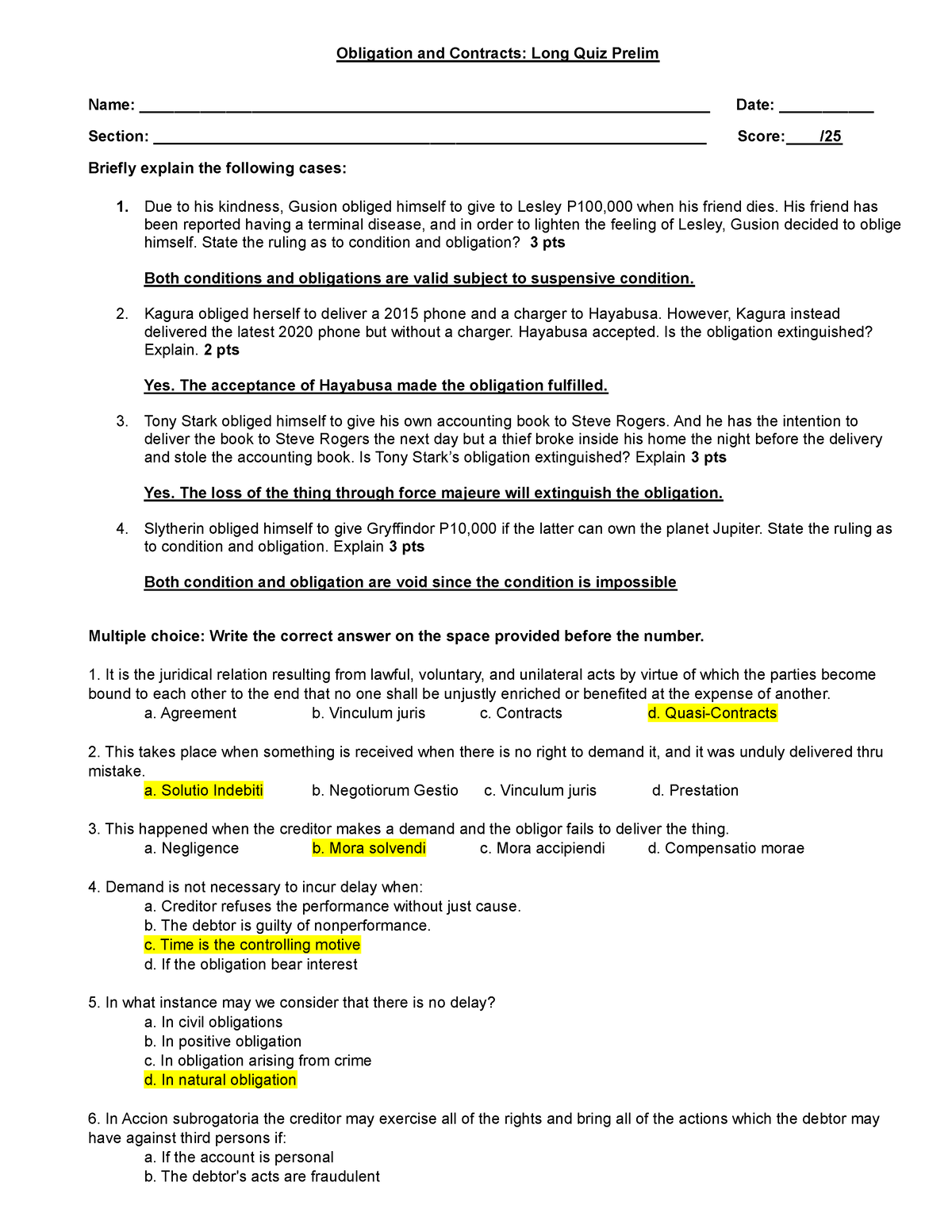 Oblicon Reviewer AND Answer KEYS - Obligation And Contracts: Long Quiz ...