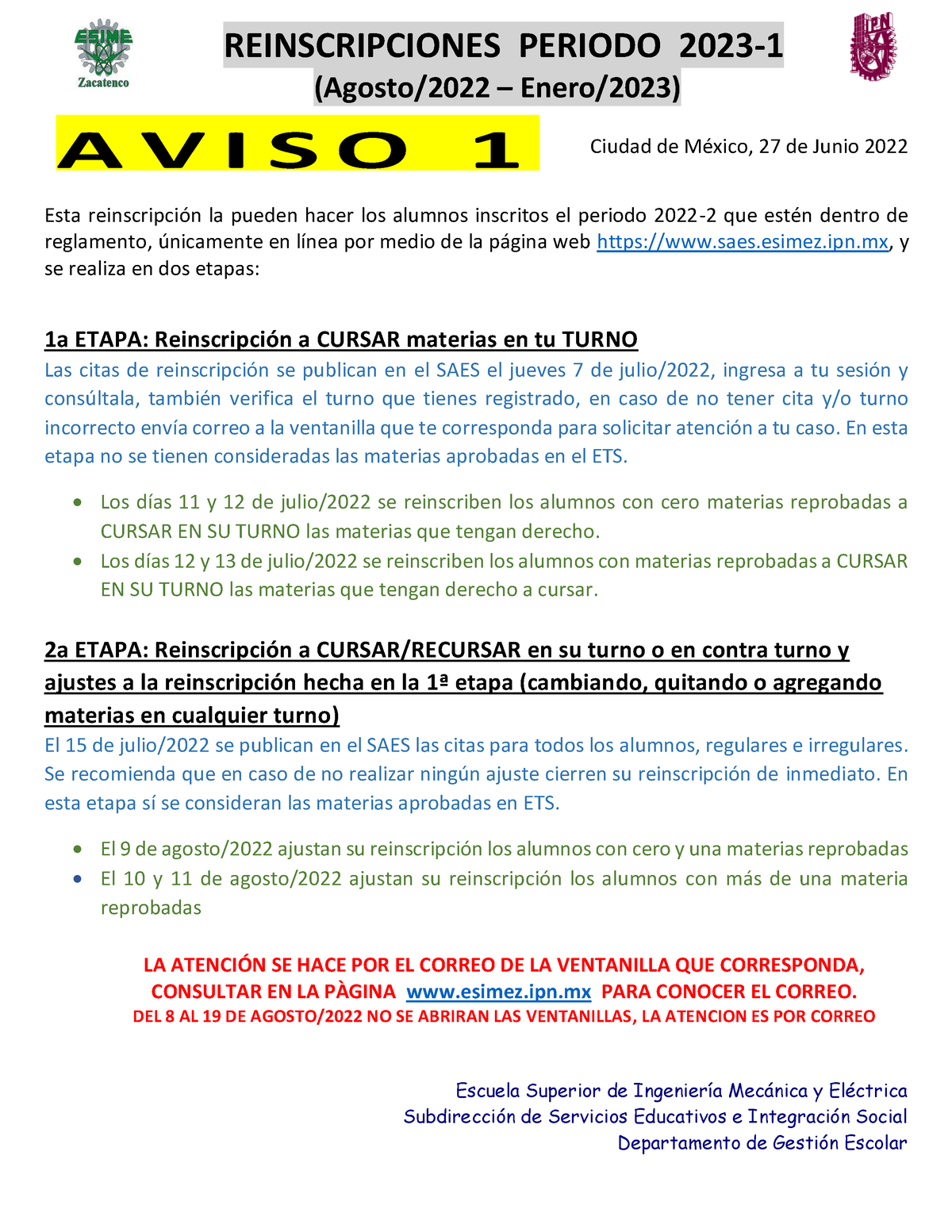 Aviso 1 Reincripcion 2023 1 - REINSCRIPCIONES PERIODO 2023- (Agosto ...