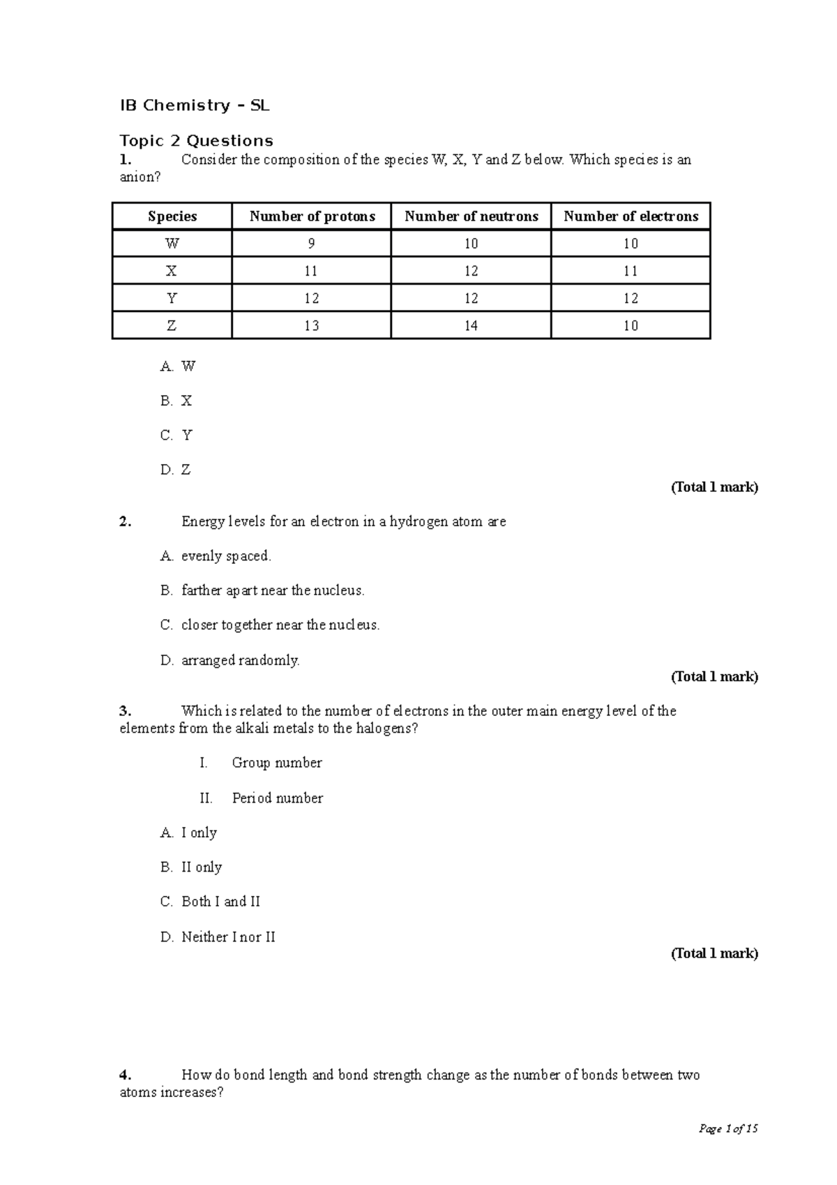 Atomic Structure - SL Worksheet - IB Chemistry – SL Topic 2 Questions 1 ...