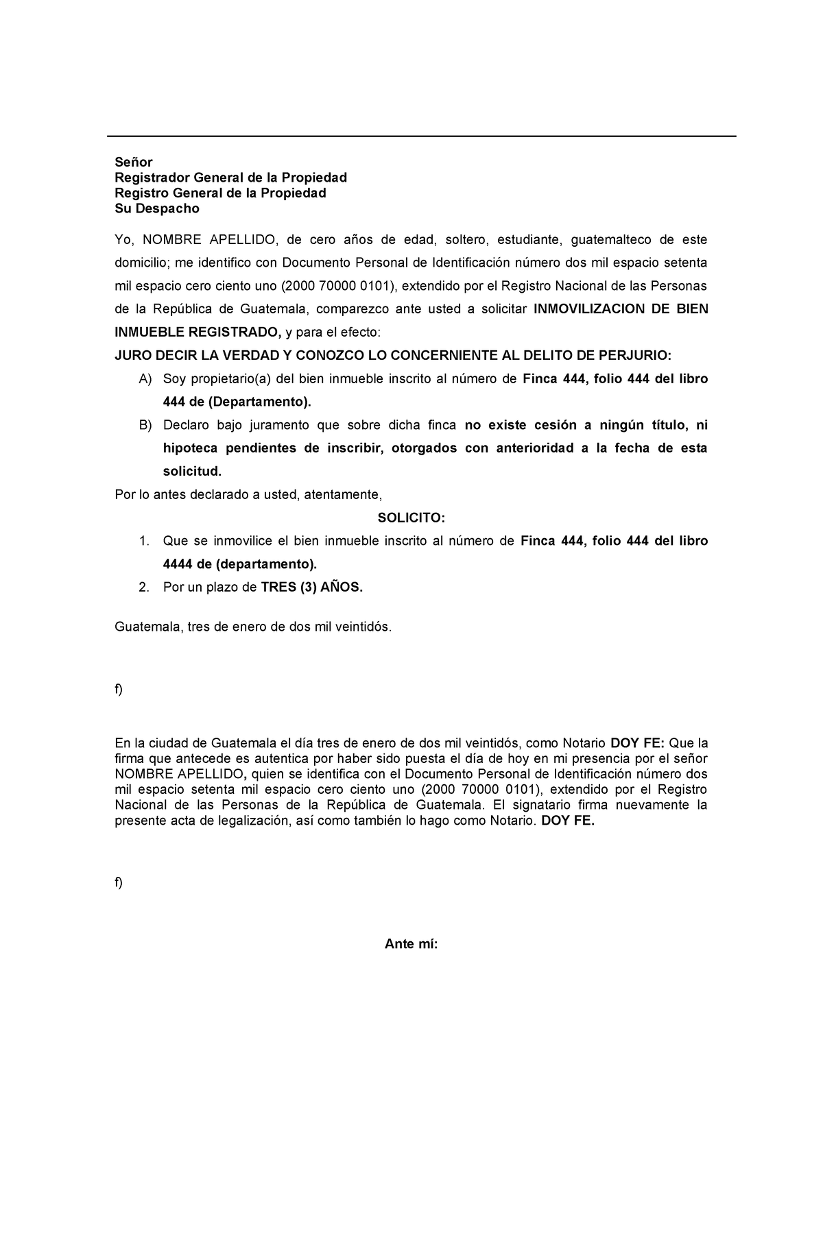 Modelo de Solicitud de Inmovilización RGP - Señor Registrador General ...