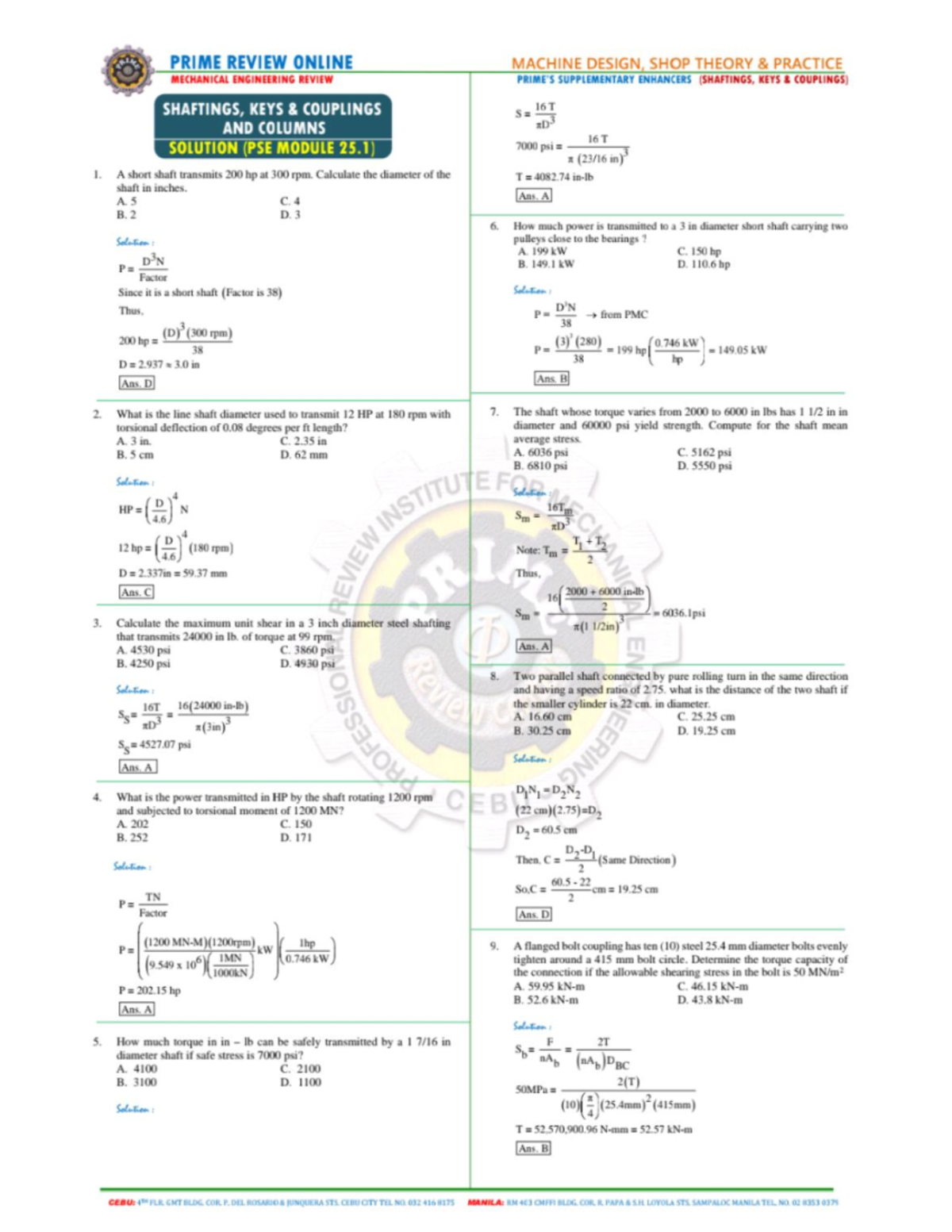 Shaftings Keys Couplings and Columns Ans Key Bachelor of Science in