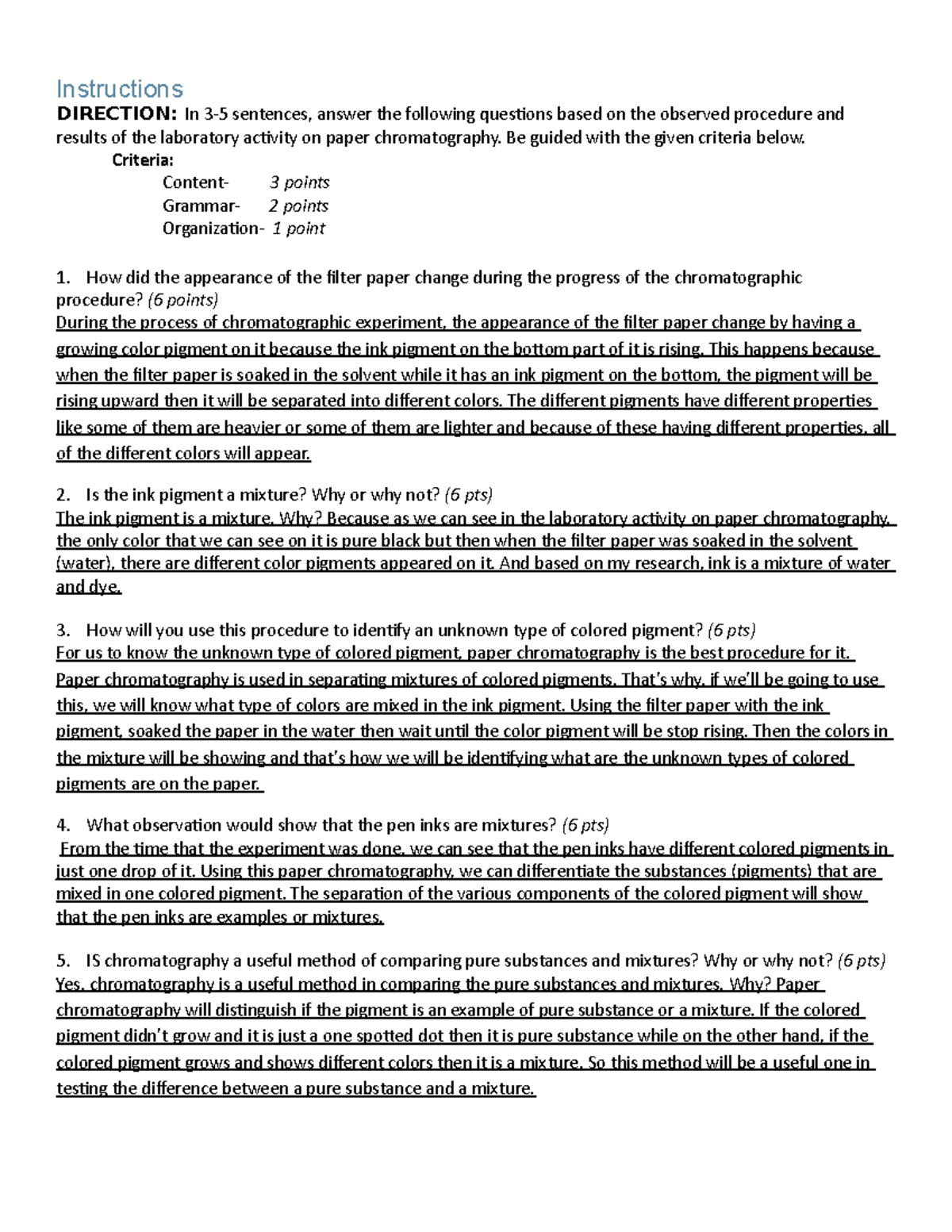 Chromatography Experiment Observation (Chemistry Laboratory