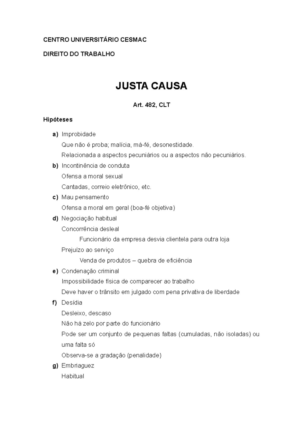 Trabalho - Justa causa - CENTRO UNIVERSITÁRIO CESMAC DIREITO DO ...