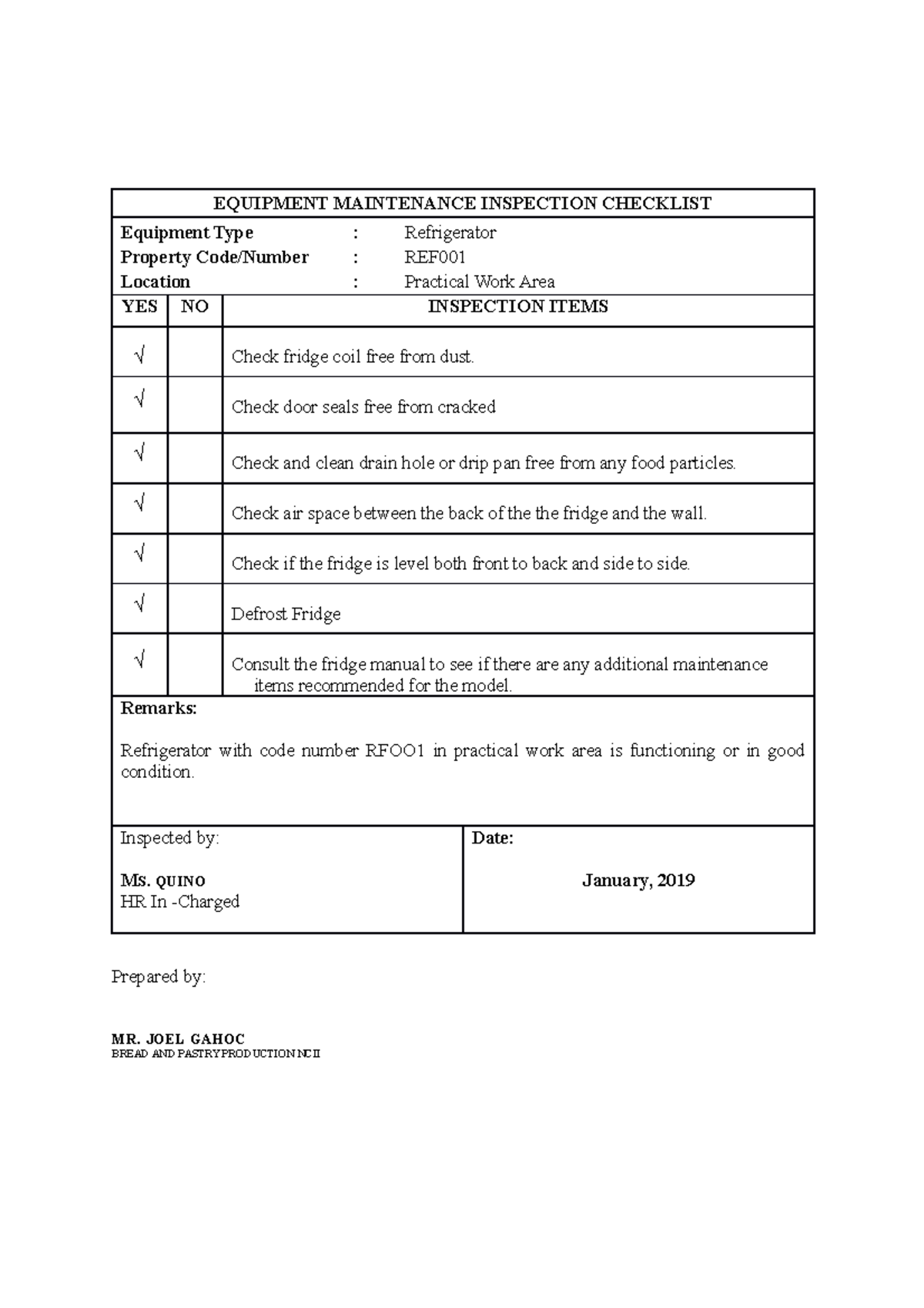 Inspection checklist equipment EQUIPMENT MAINTENANCE INSPECTION CHECKLIST Equipment Type