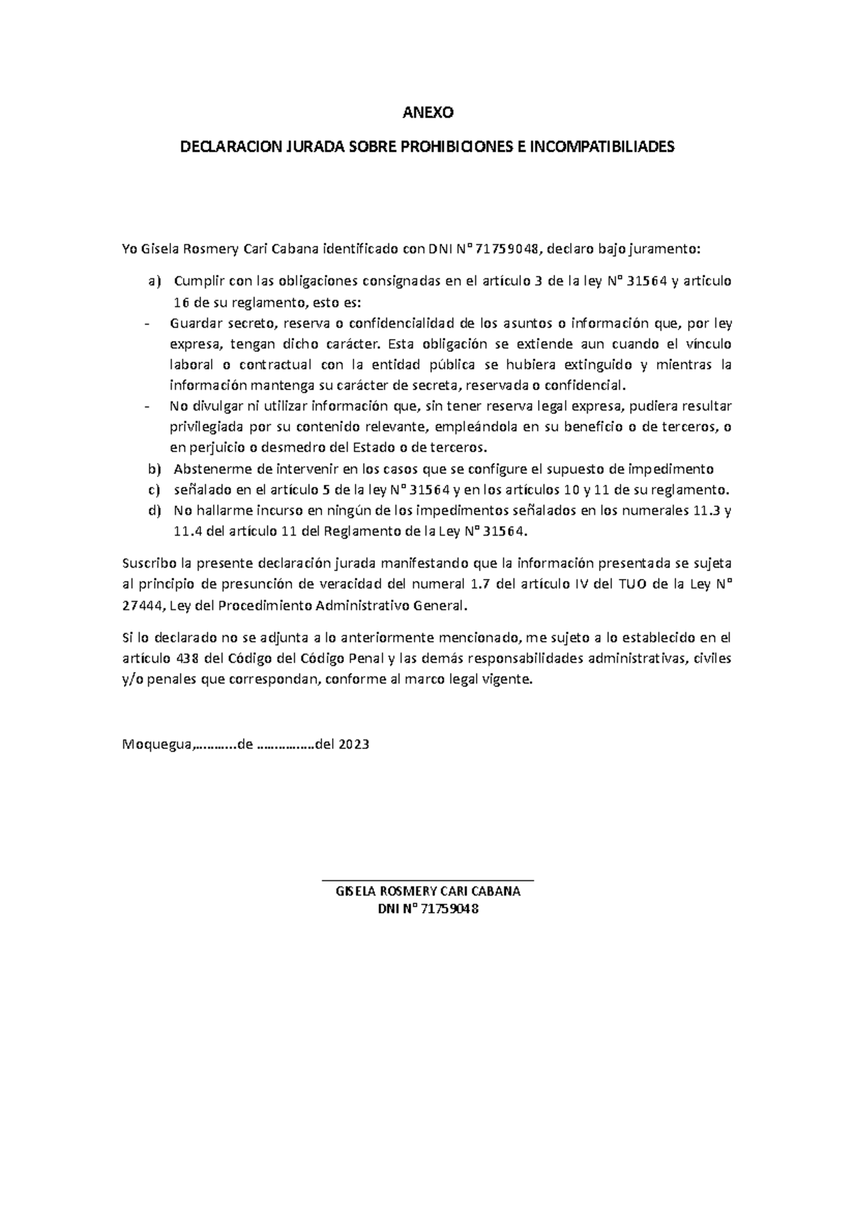 Formato Prohibicion De Incompatibilidades Anexo Declaracion Jurada Formato Prohibicion De Incompatibilidades Anexo Declaracion Jurada