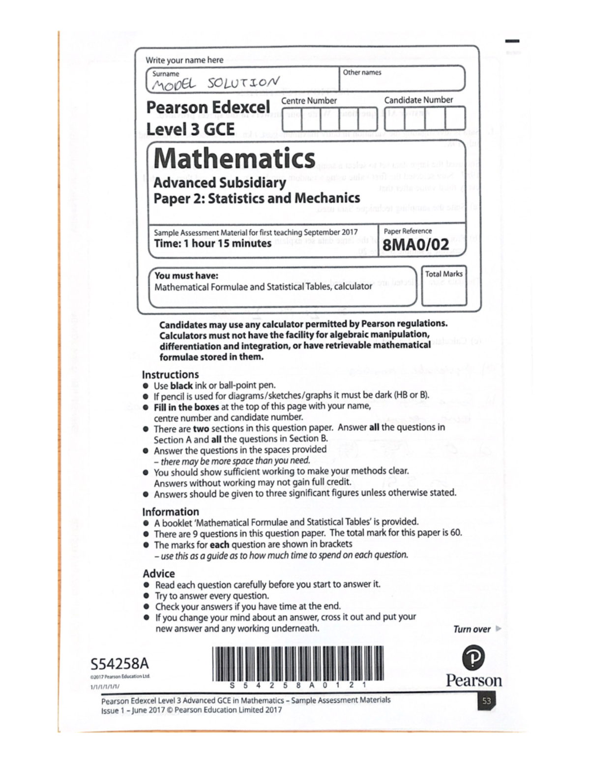 Sample AS Paper 2 Statistics and Mechanics 1 Write your name here