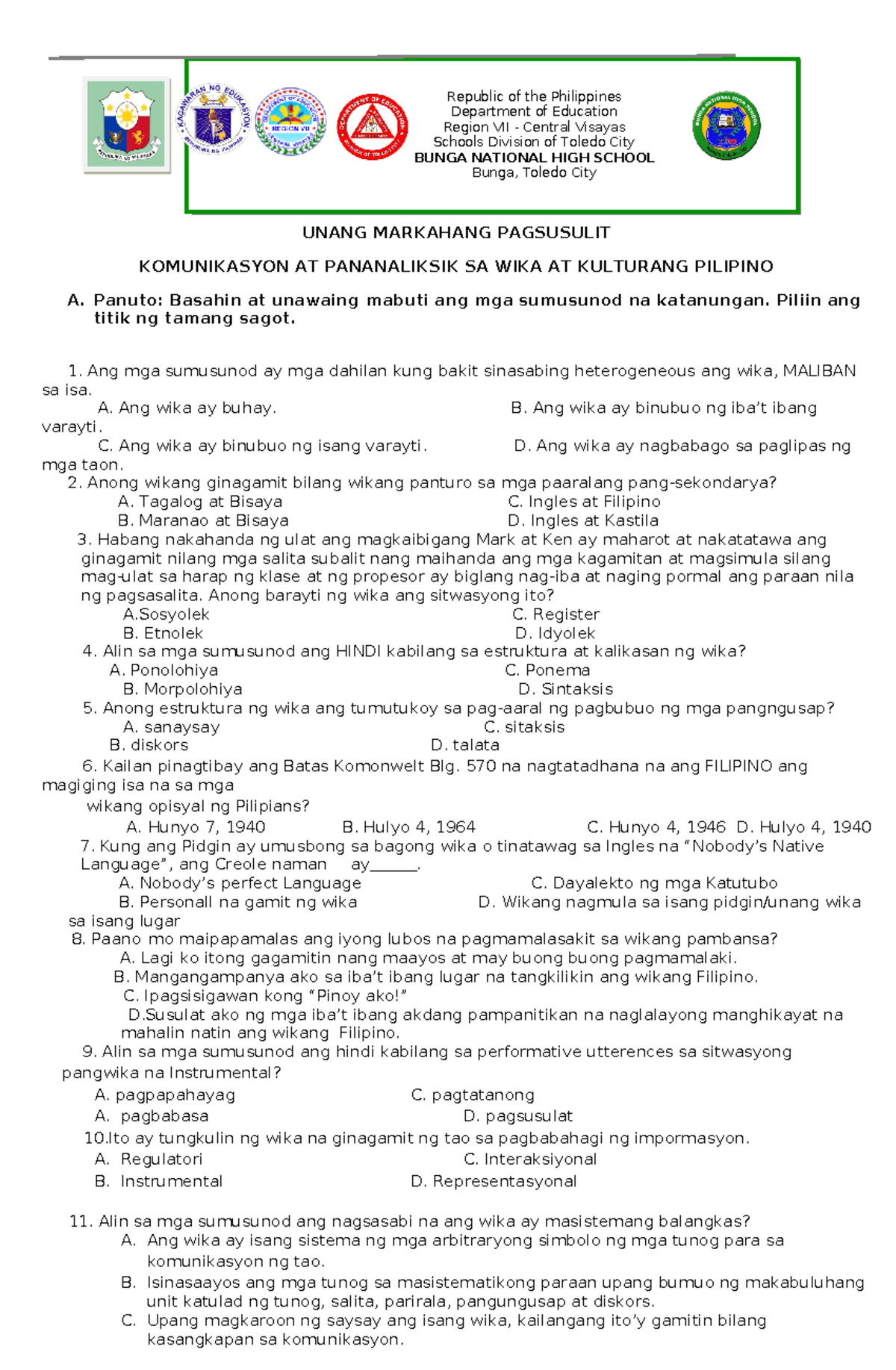 Periodical Test SHS Q1, 2023-2024 - UNANG MARKAHANG PAGSUSULIT ...