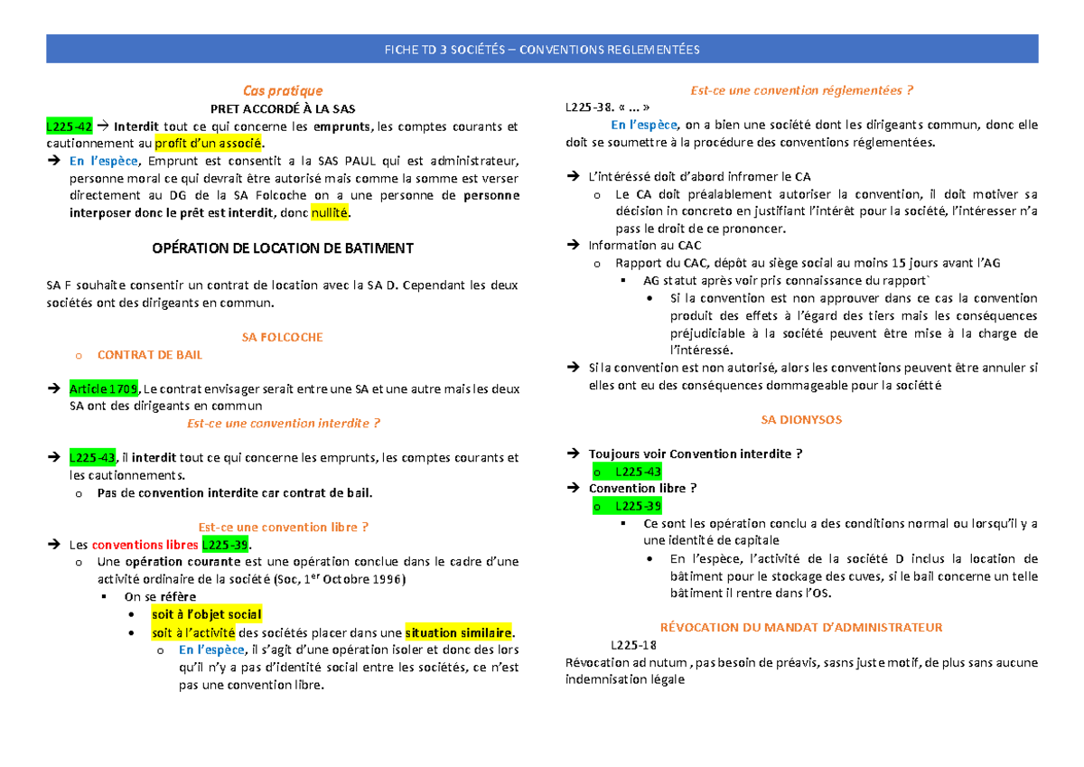 Fiche Droit des Sociétés Conventions Réglementées - FICHE TD 3 SOCIÉTÉS