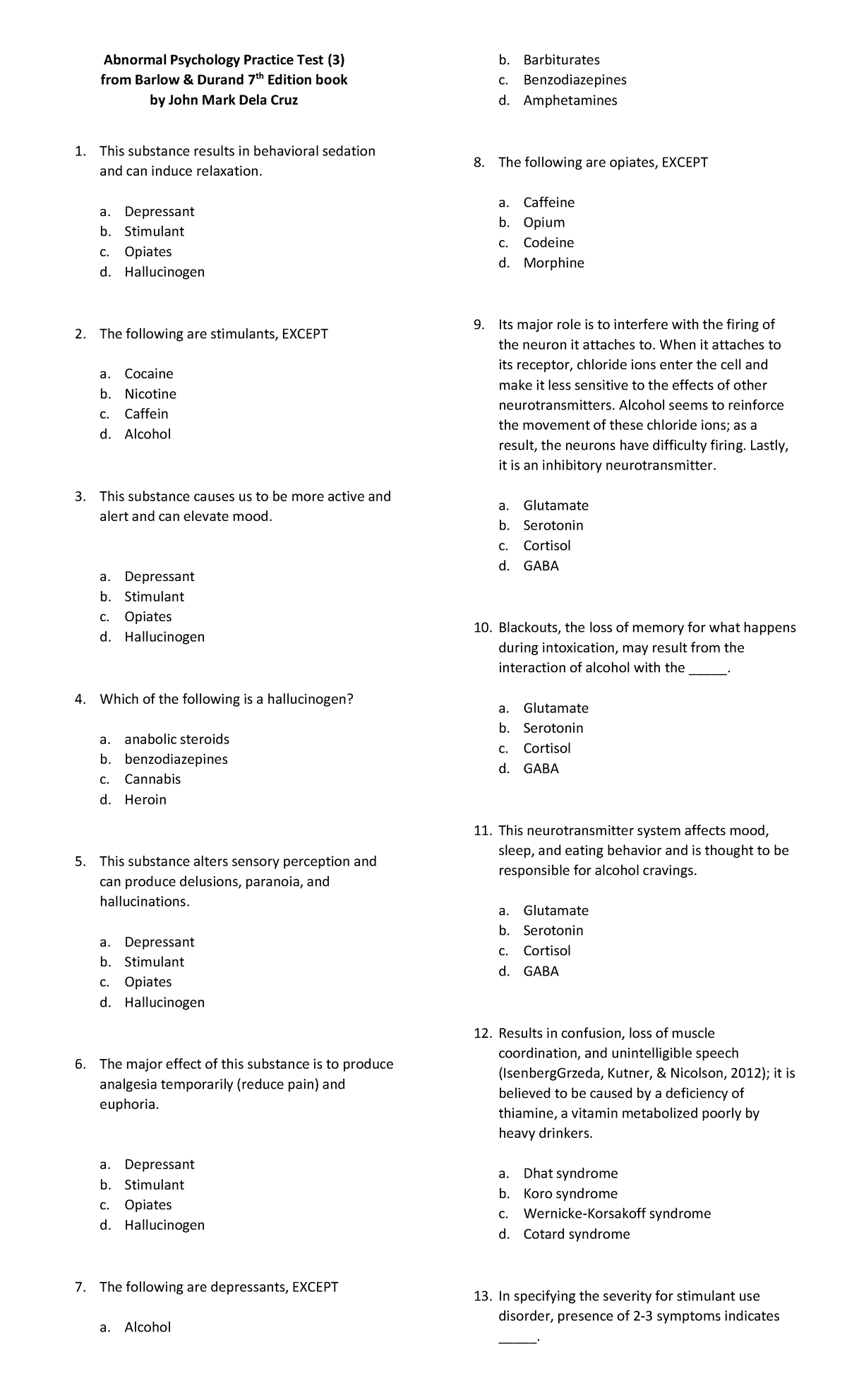 Practice Test 3 Barlow And Durand Abnormal Psychology - Abnormal ...