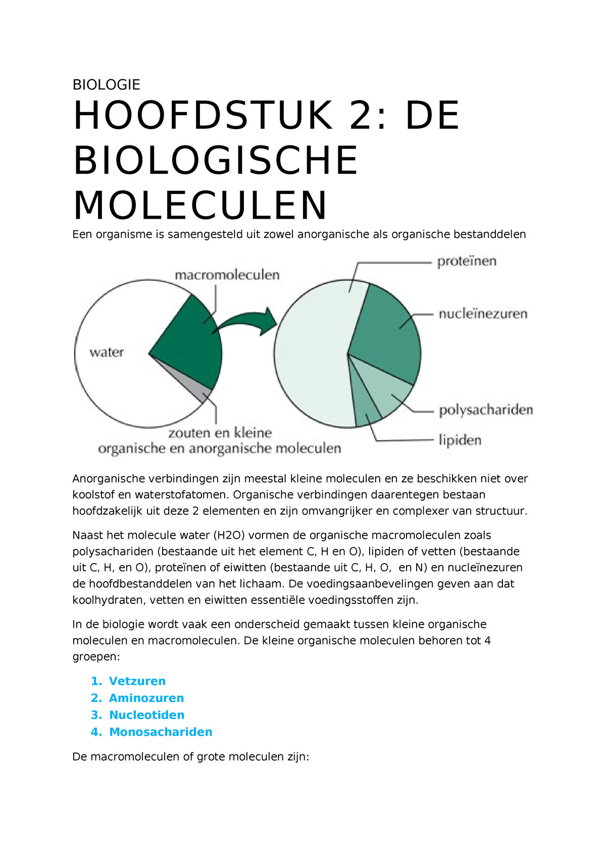 Biologie Hoofdstuk 2 De Biologische Moleculen - BIOLOGIE HOOFDSTUK 2 ...