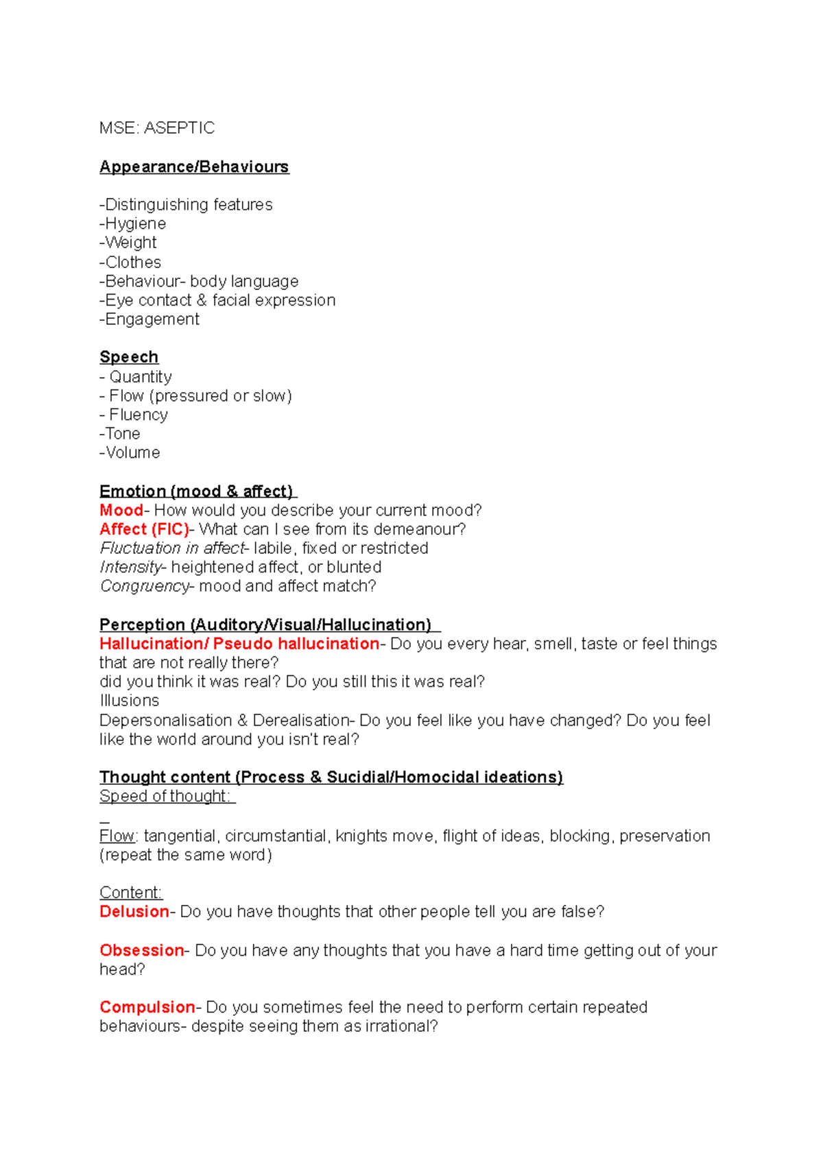 MSE OSCE Revision Framework For Carrying Out A Mental State Exam 