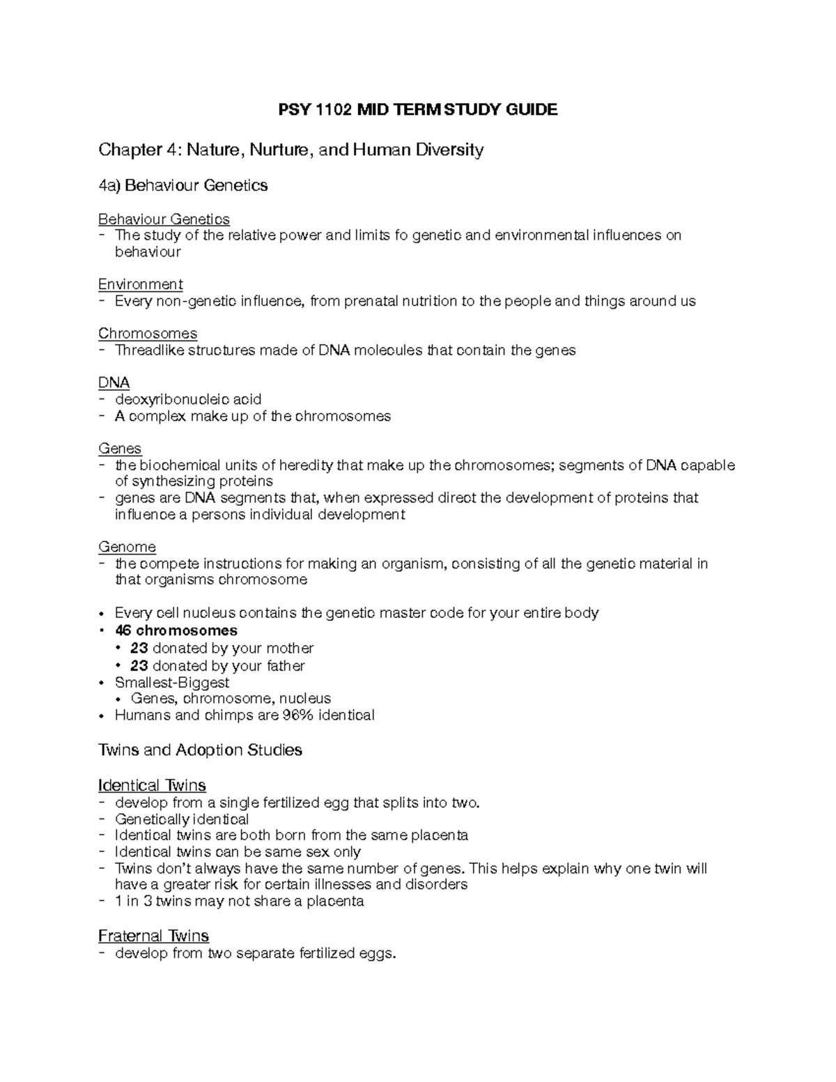 PSY MID TERM REV - PSY 1102 MID TERM STUDY 4: Nature, Nurture, and ...