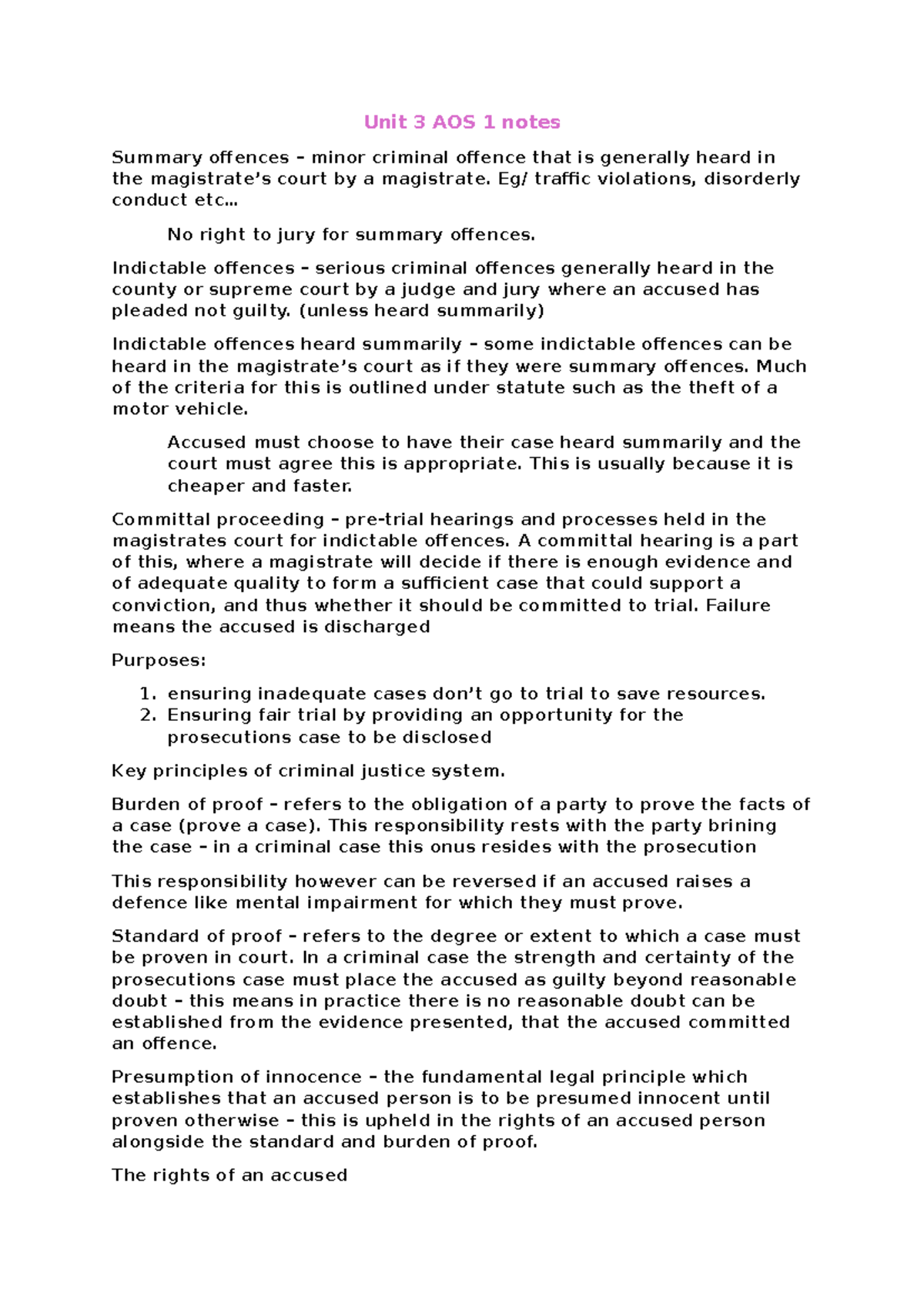 Unit 3 aos 1 - summaries - Unit 3 AOS 1 notes Summary offences – minor ...