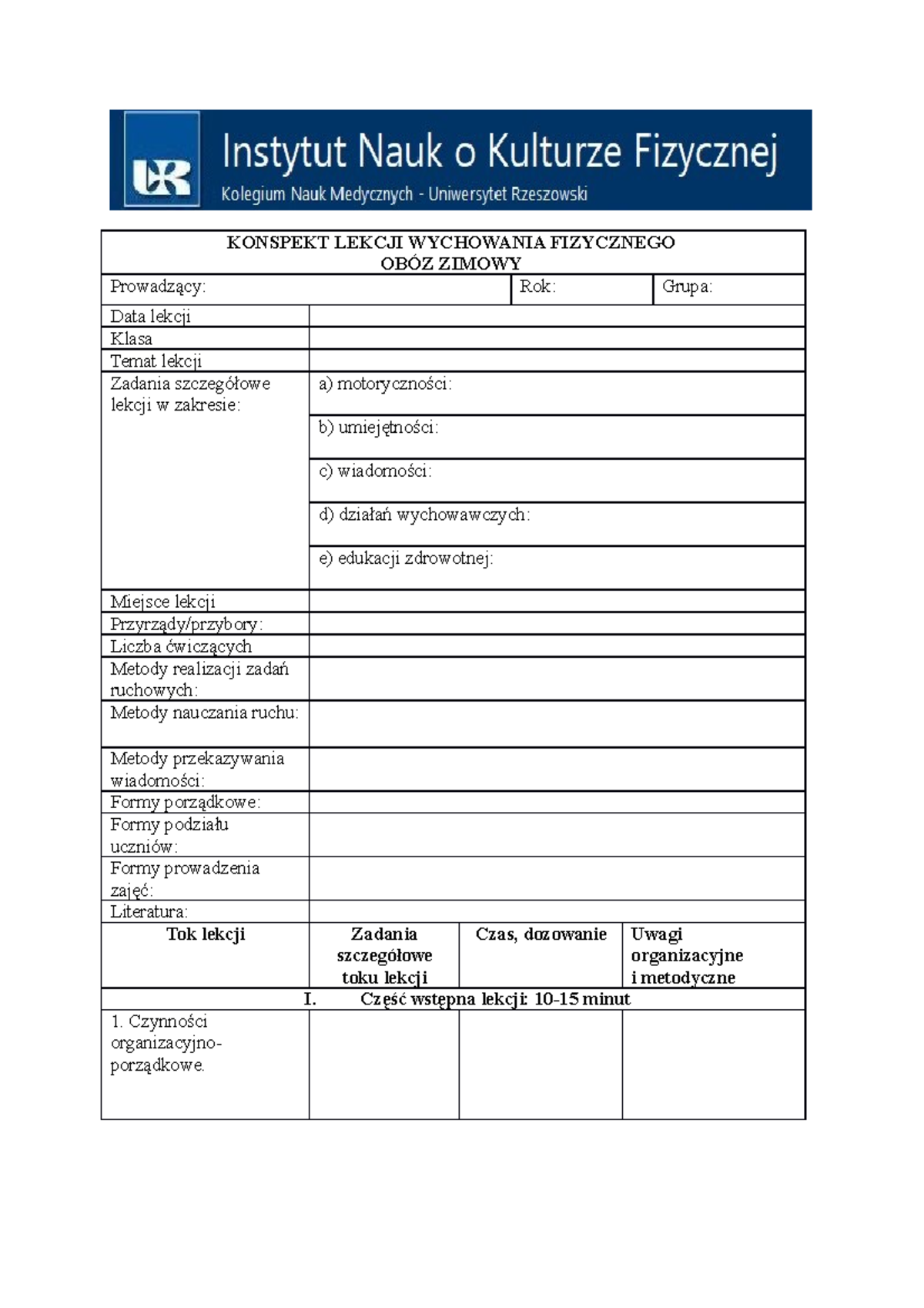 Konspekt lekcji wf- obóz zimowy - KONSPEKT LEKCJI WYCHOWANIA FIZYCZNEGO