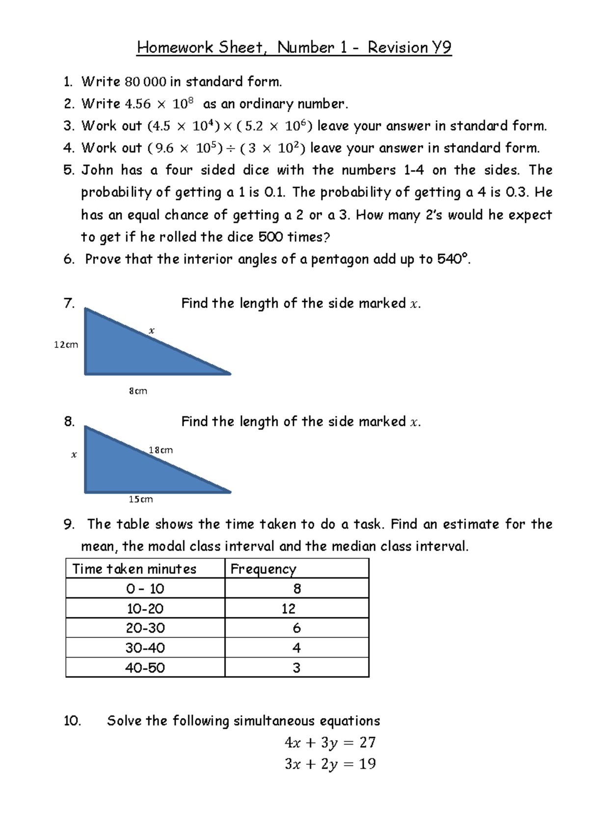 Y9 revision Homework Sheet Number 1 - Homework Sheet, Number 1 ...
