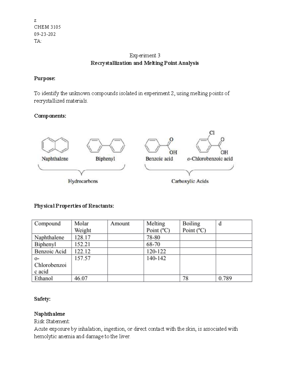 Lab 3 Report - Made A 95 - CHEM 3105 09-23- TA: Experiment 3 ...