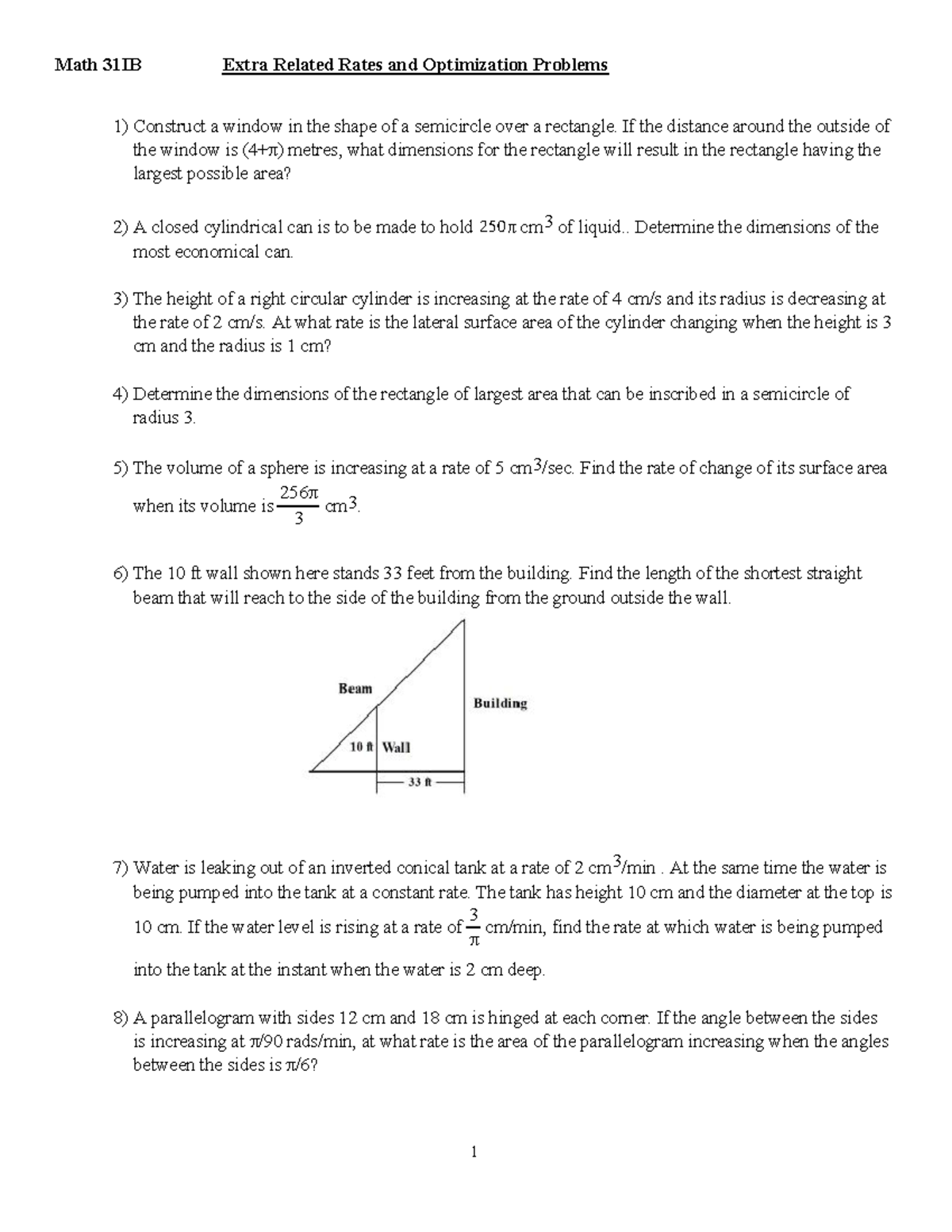 Extra Related Rates and Optimization Problems - Math 31IB Extra Related ...