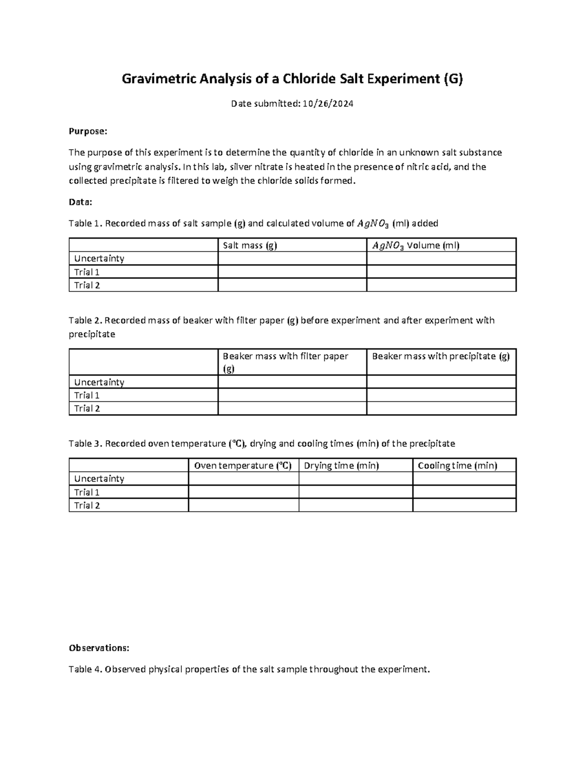 Gpre Lab - pre lab report - Gravimetric Analysis of a Chloride Salt ...