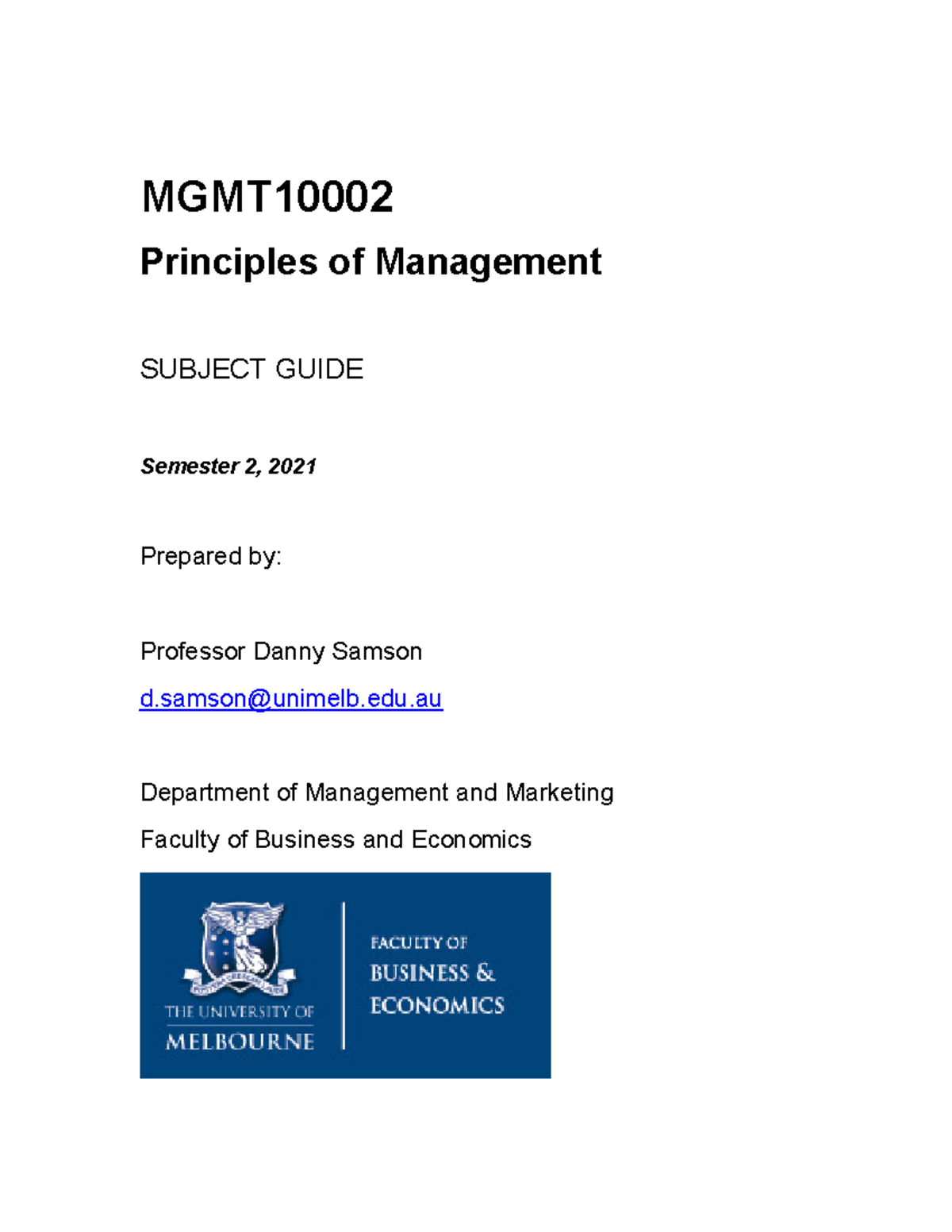 Subject Guide 10001 Principles of Marketing - MGMT Principles of ...