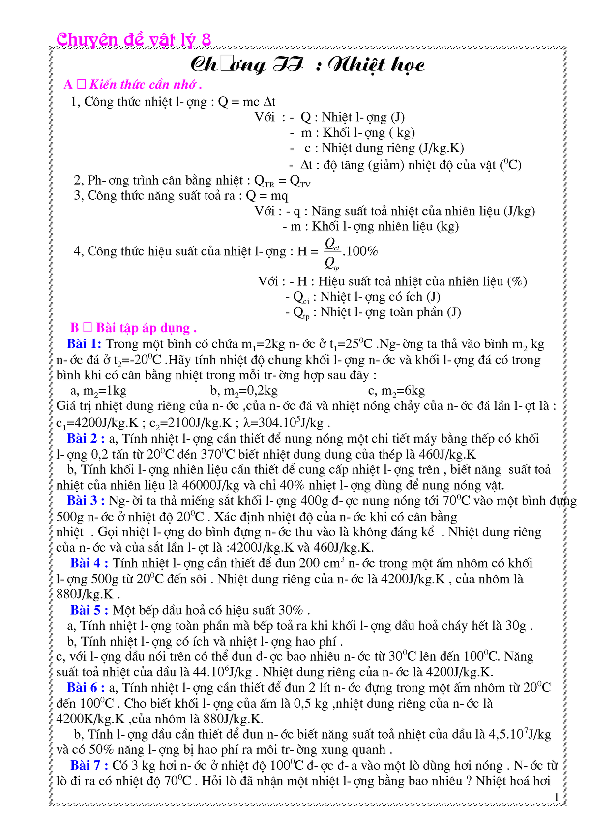 BAI TAP Chuyen DE Nhiet HOC - VAT LI 8 - Ch¬ng II : NhiÖt Häc A ฀ KiÕn ...