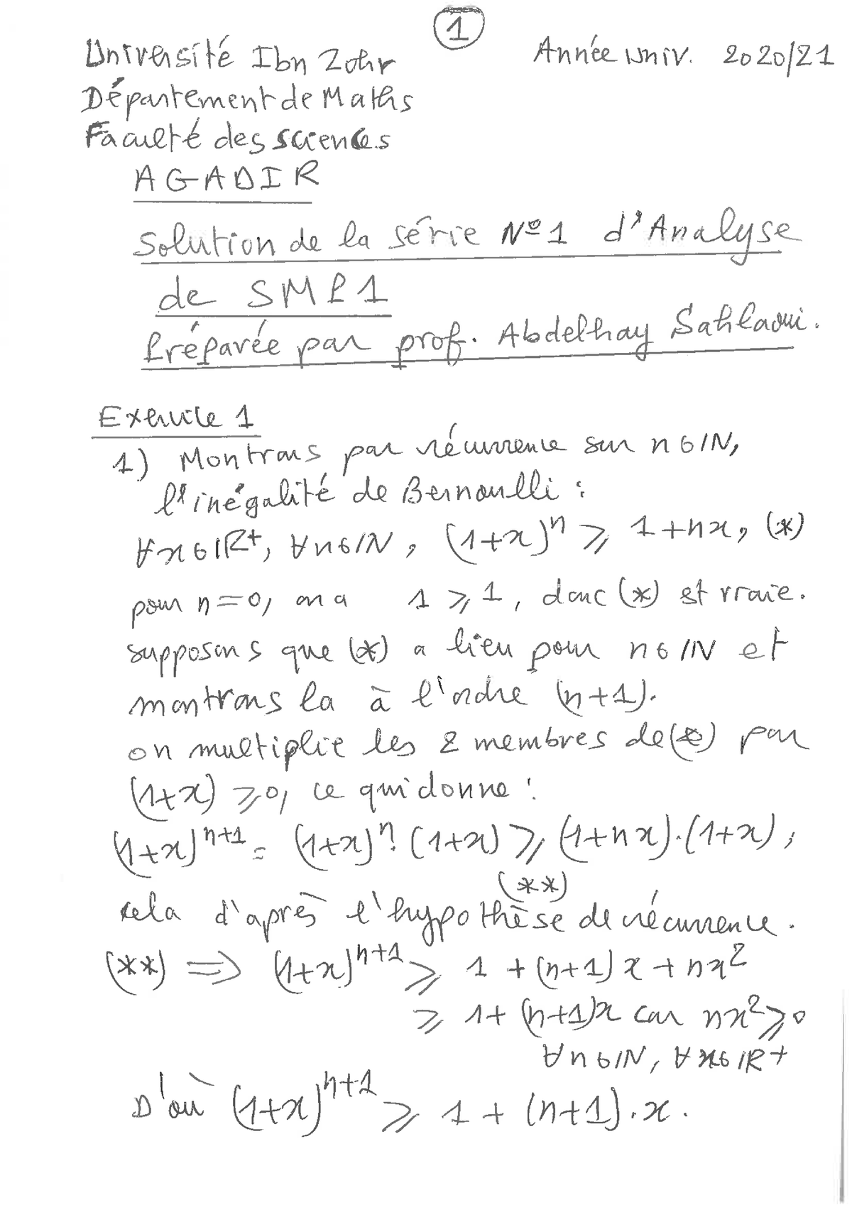 Corrigés Série 1 SMP1 - Corriges Des Exercises Numero 1 De Analyse 1 ...