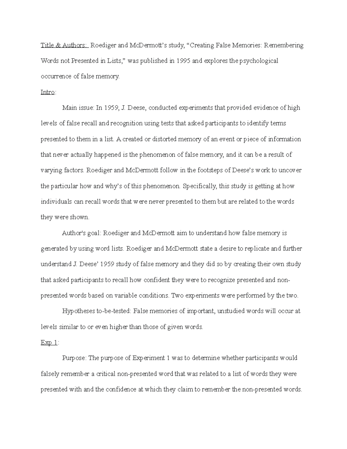 PSYX225-HW1 - Homework assignment one. - Title & Authors: Roediger and ...