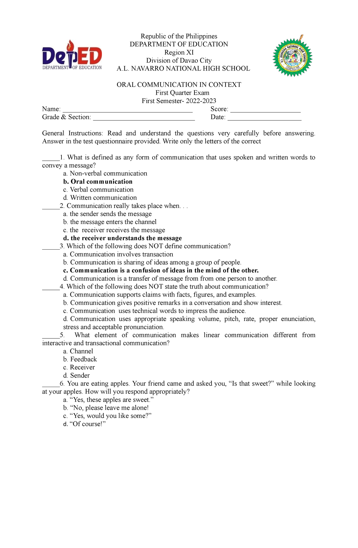 First Quarter EXAM - Republic Of The Philippines DEPARTMENT OF ...