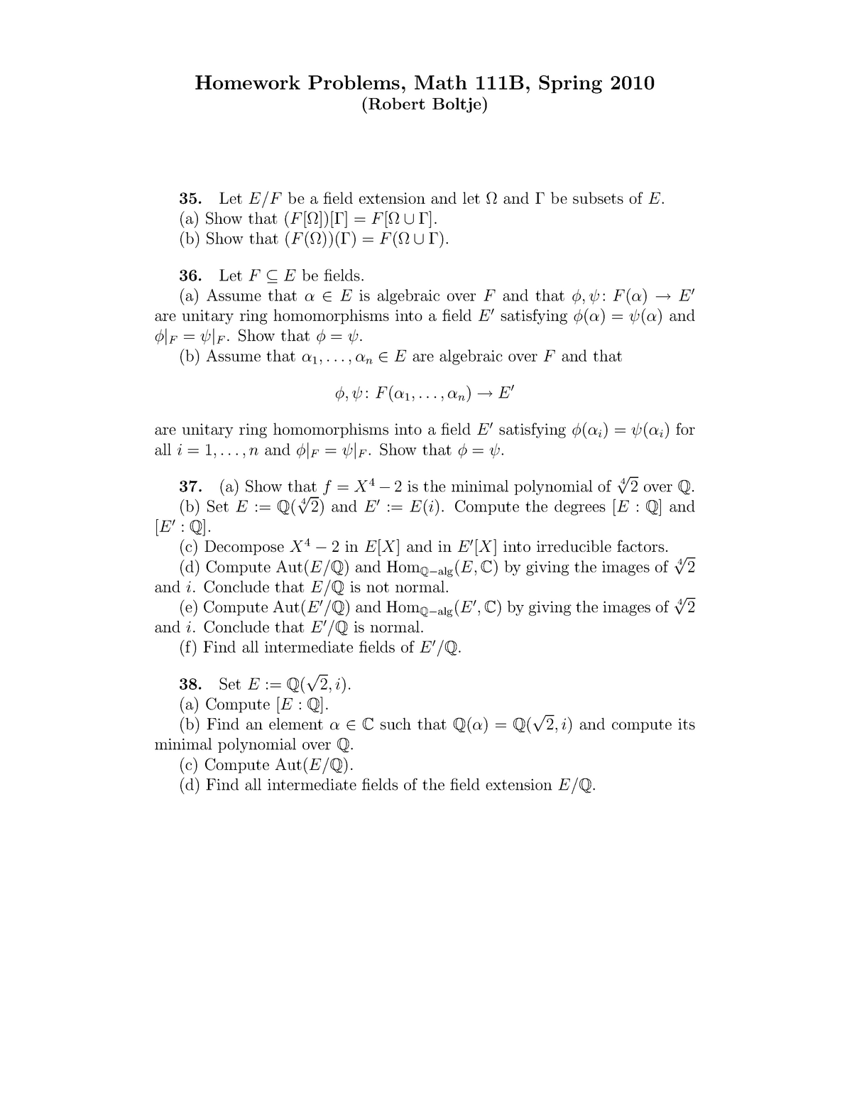 S10m111bex7 Homework Problems 7 Math 111b Spring 10 Robert Boltje Studocu