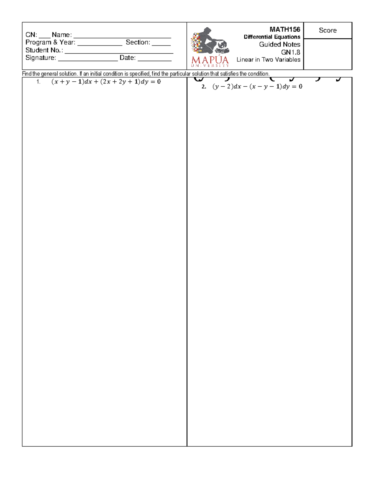 CO1GN8 Linear in Two Variables 1 - CN: ___ Name ...