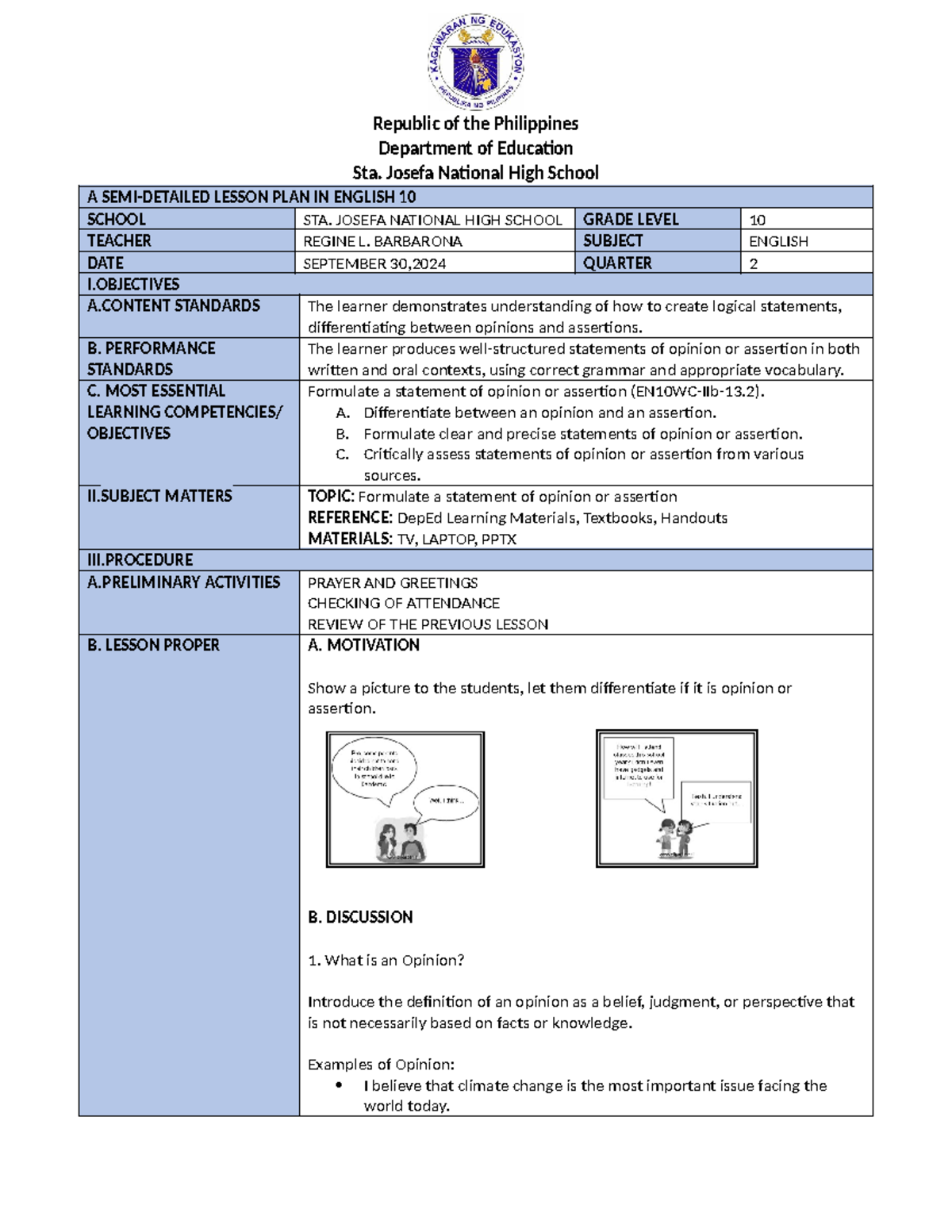 A SEMI - semi lesson plan - Republic of the Philippines Department of ...