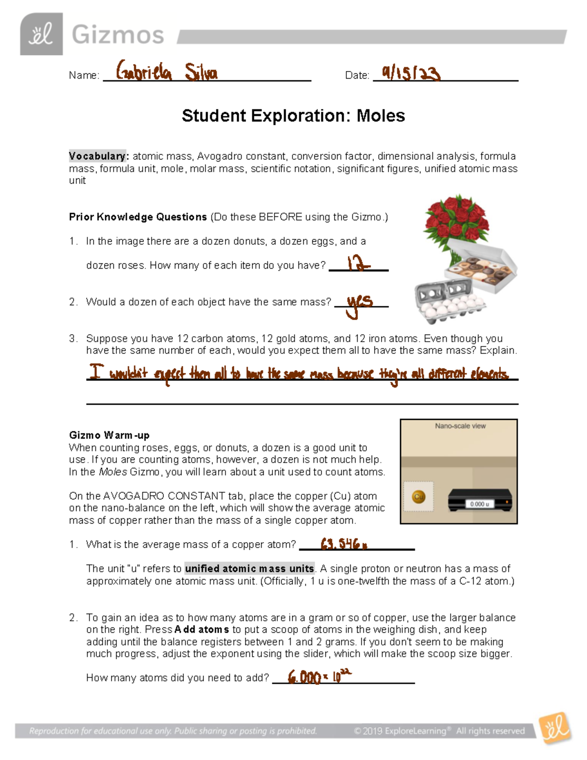 Chm Lab 1.2 GIZMO Moles - Name: Date: ####### Student Exploration ...