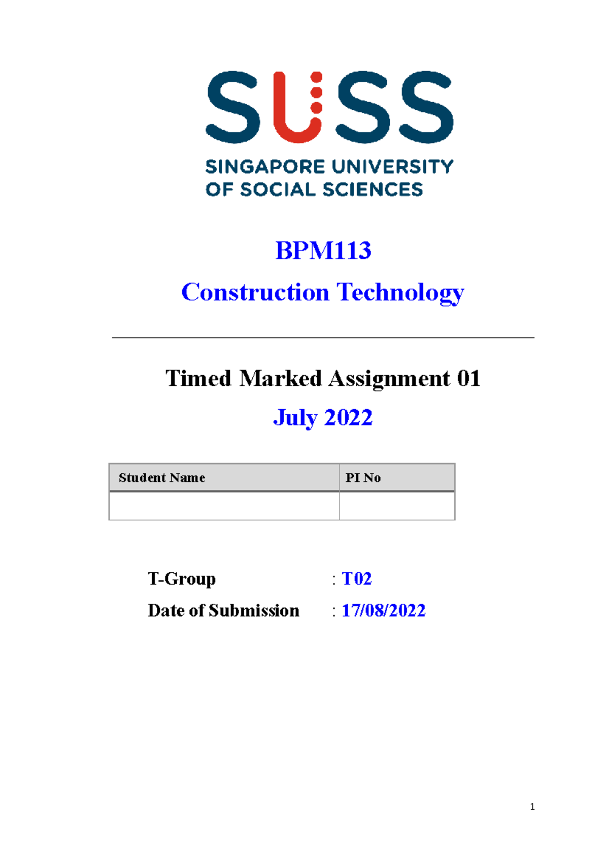 TMA01 - BPM Construction Technology Timed Marked Assignment 01 July ...