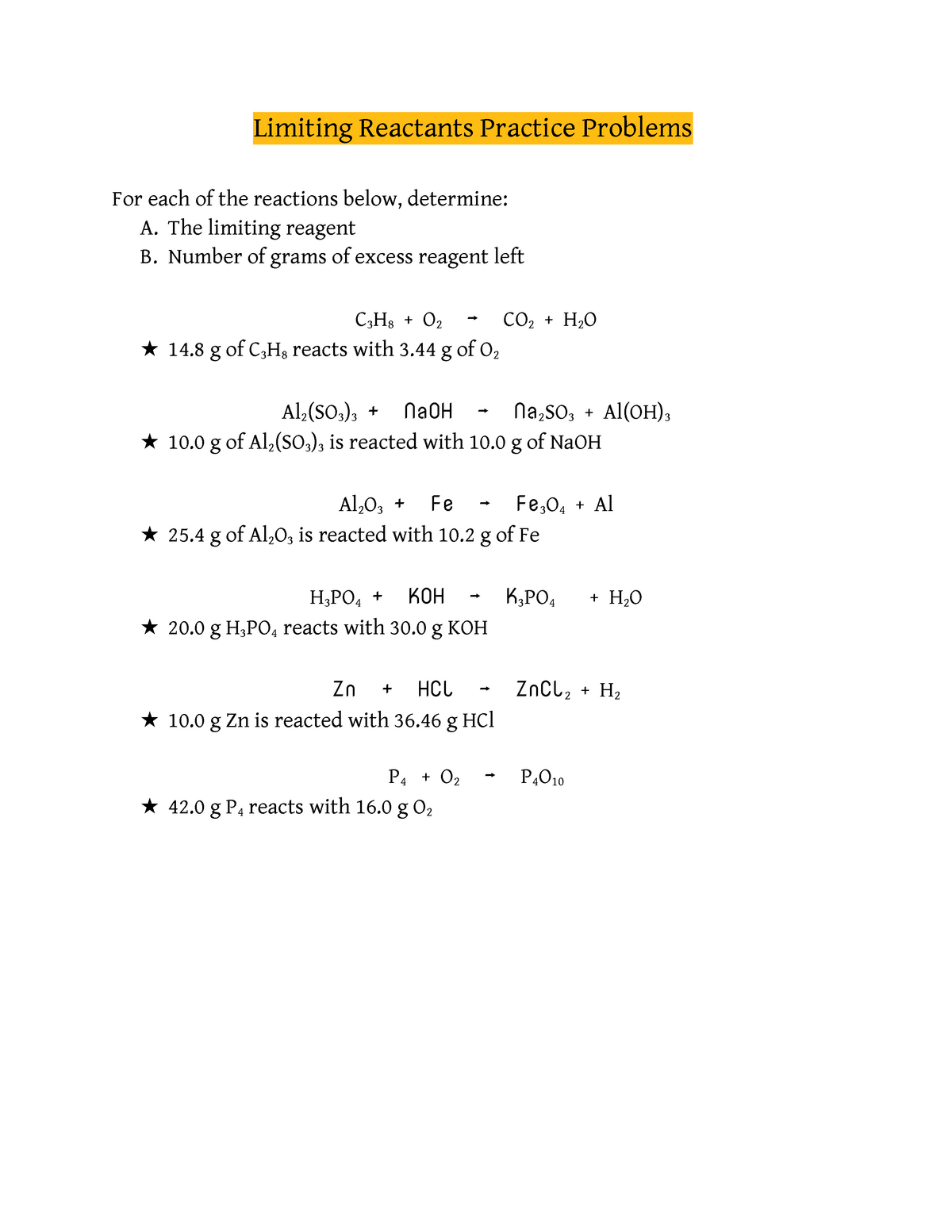 Limiting Reactants Practice Problems - The limiting reagent B Throughout Limiting Reactant Worksheet Answers