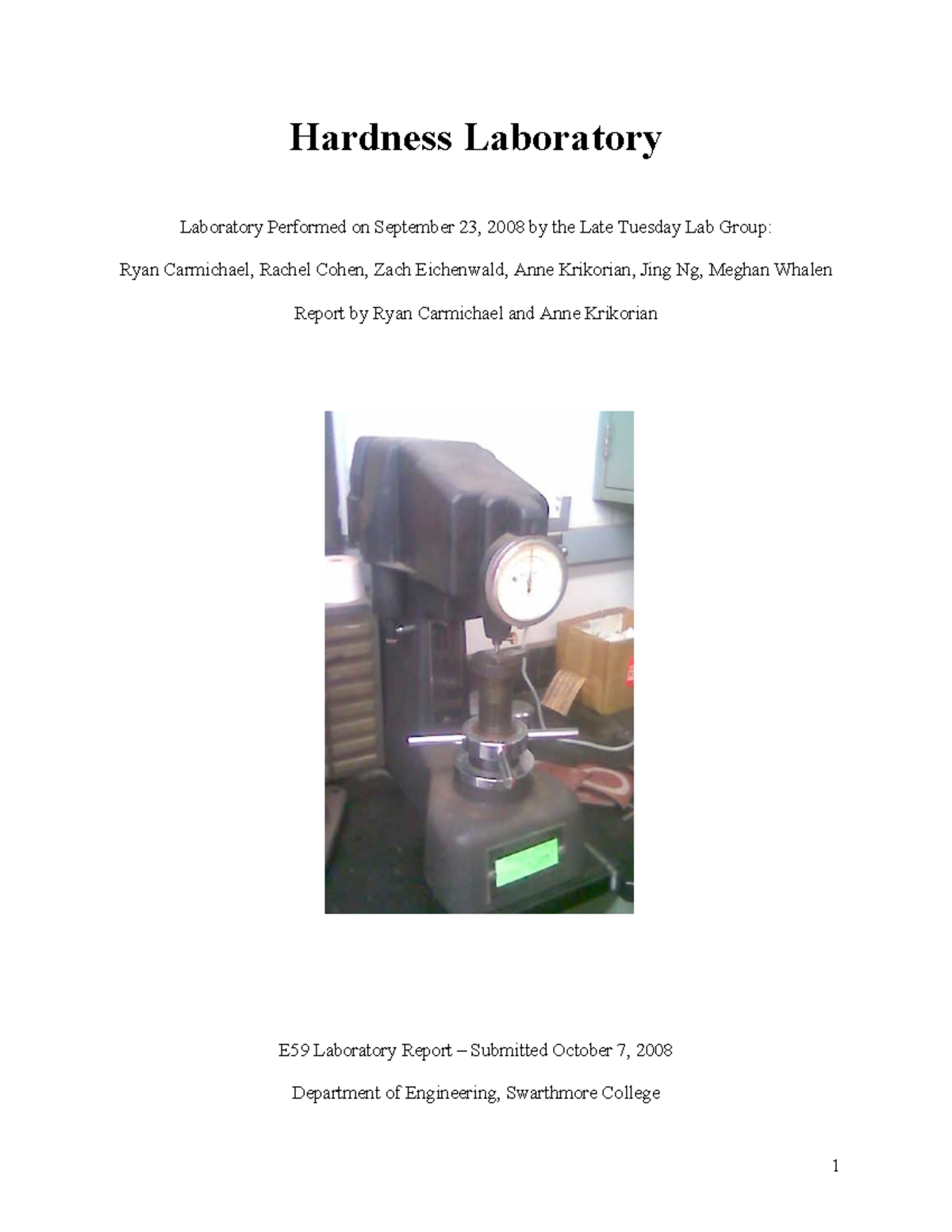E59Hardness Lab - lab - Hardness Laboratory Laboratory Performed on ...