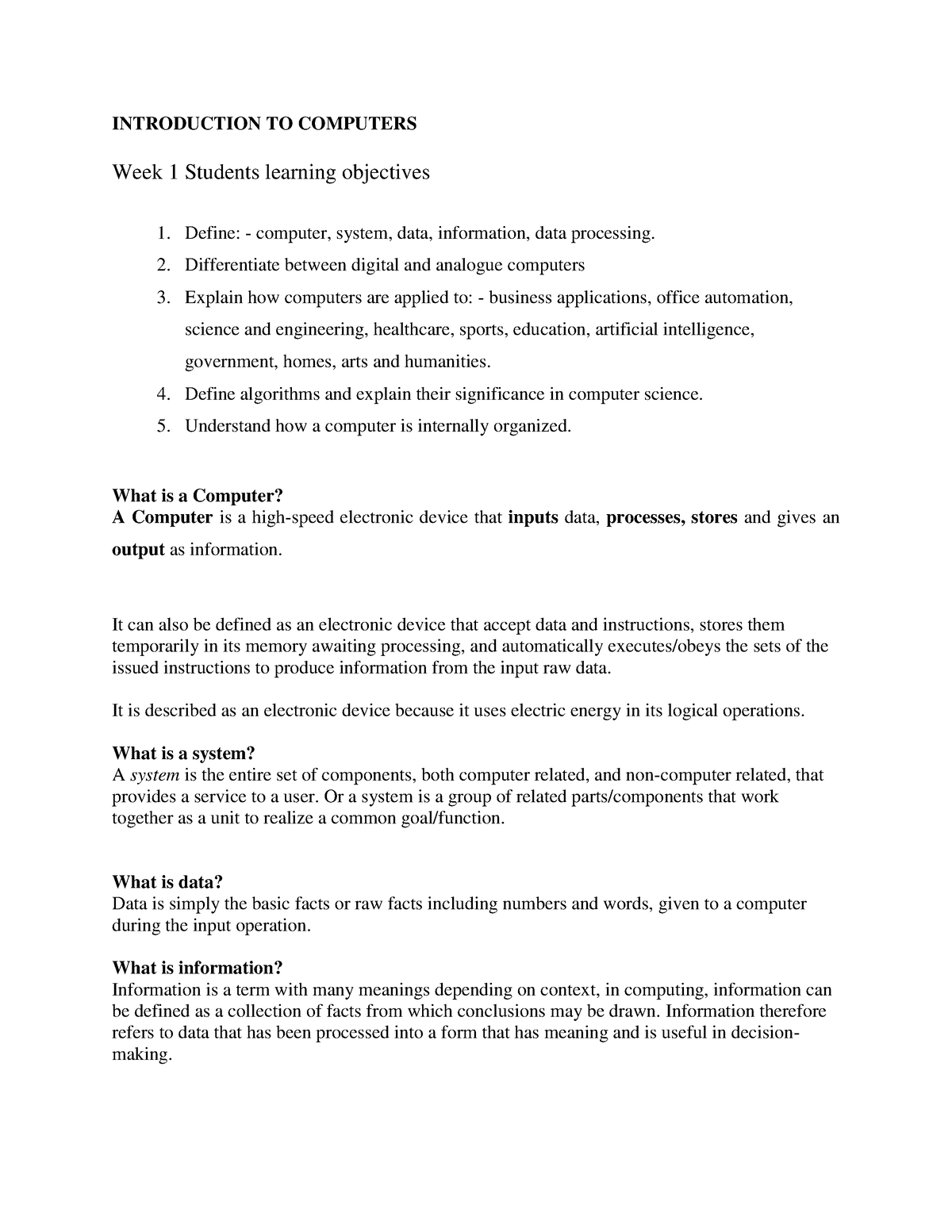 Introduction TO Computers 1 (2) - Copy - INTRODUCTION TO COMPUTERS Week ...