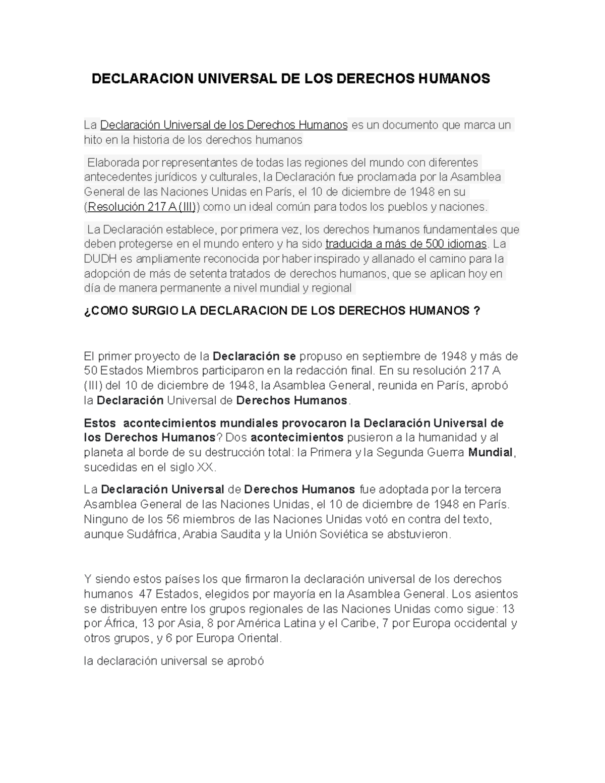 Declaracion Universal De Los Derechos Humanos Declaracion Universal