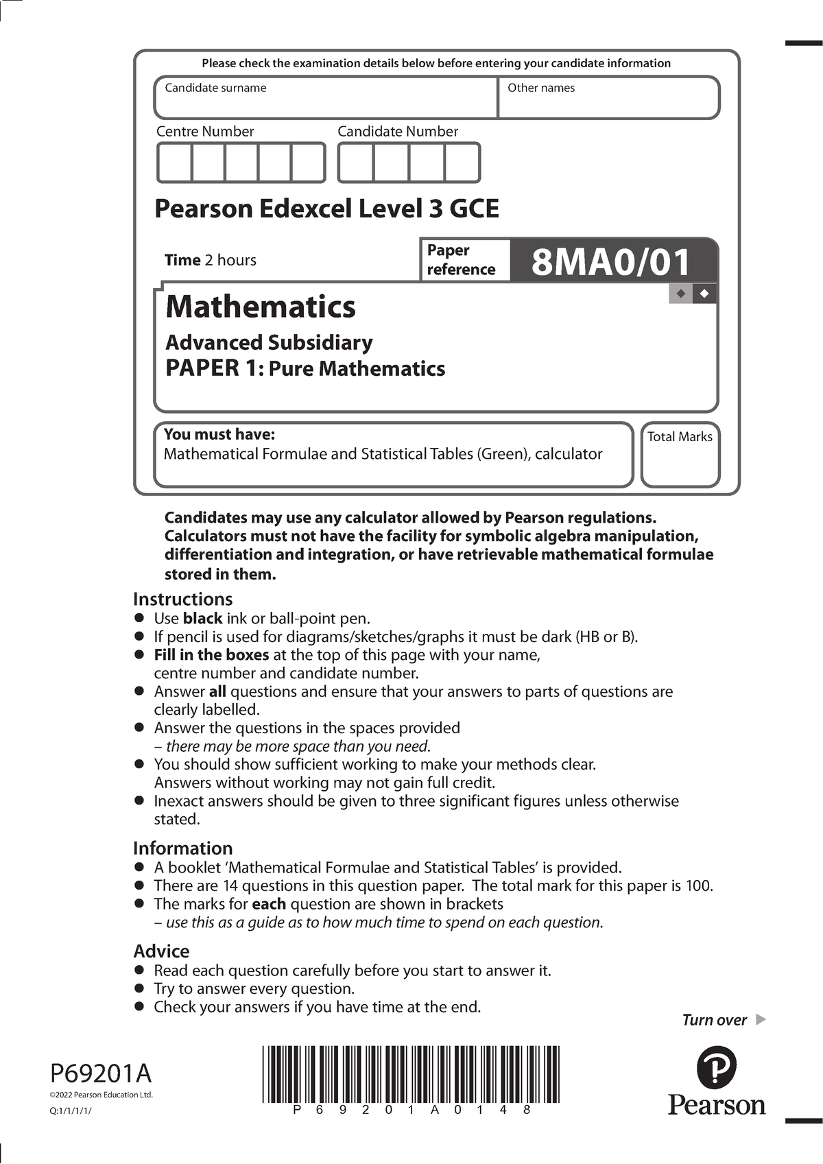 As level pure 2022ans - Centre Number Candidate Number P69201A0148 Turn ...