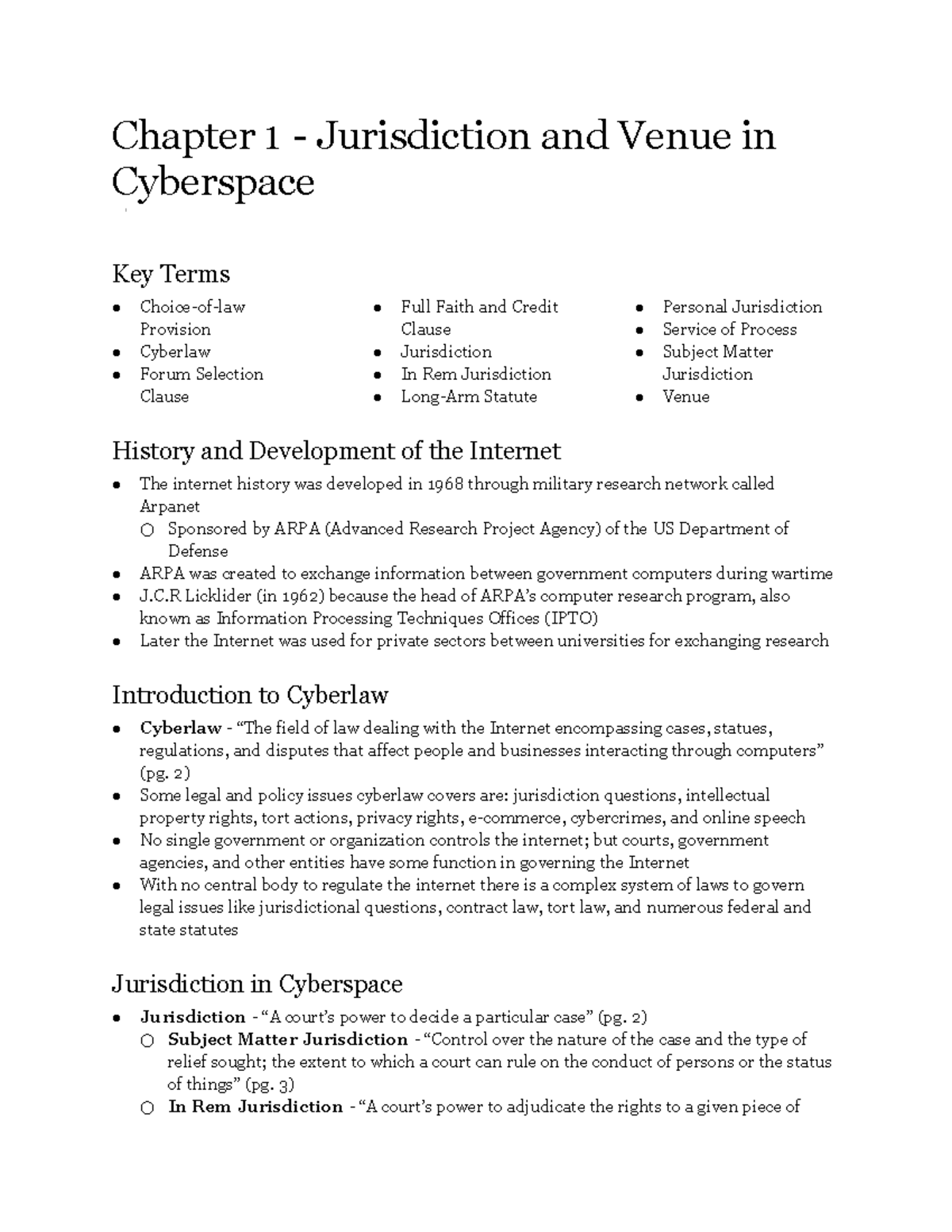 Cyberlaw Ch 1 Notes - Chapter 1 - Jurisdiction And Venue In Cyberspace ...