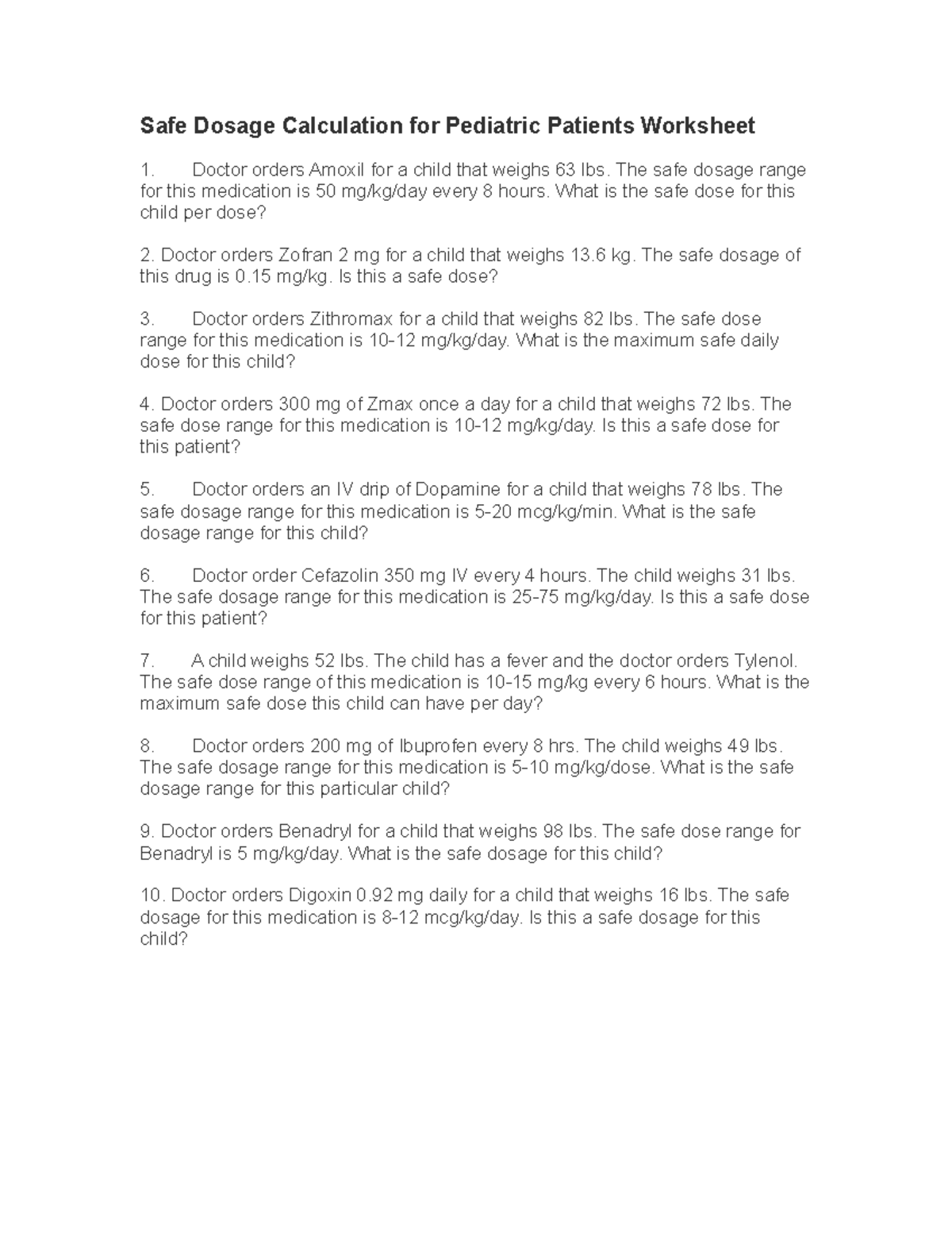 4PEDS Safe Dosage Calculation Worksheet - Safe Dosage Calculation for  Pediatric Patients Worksheet - Studocu
