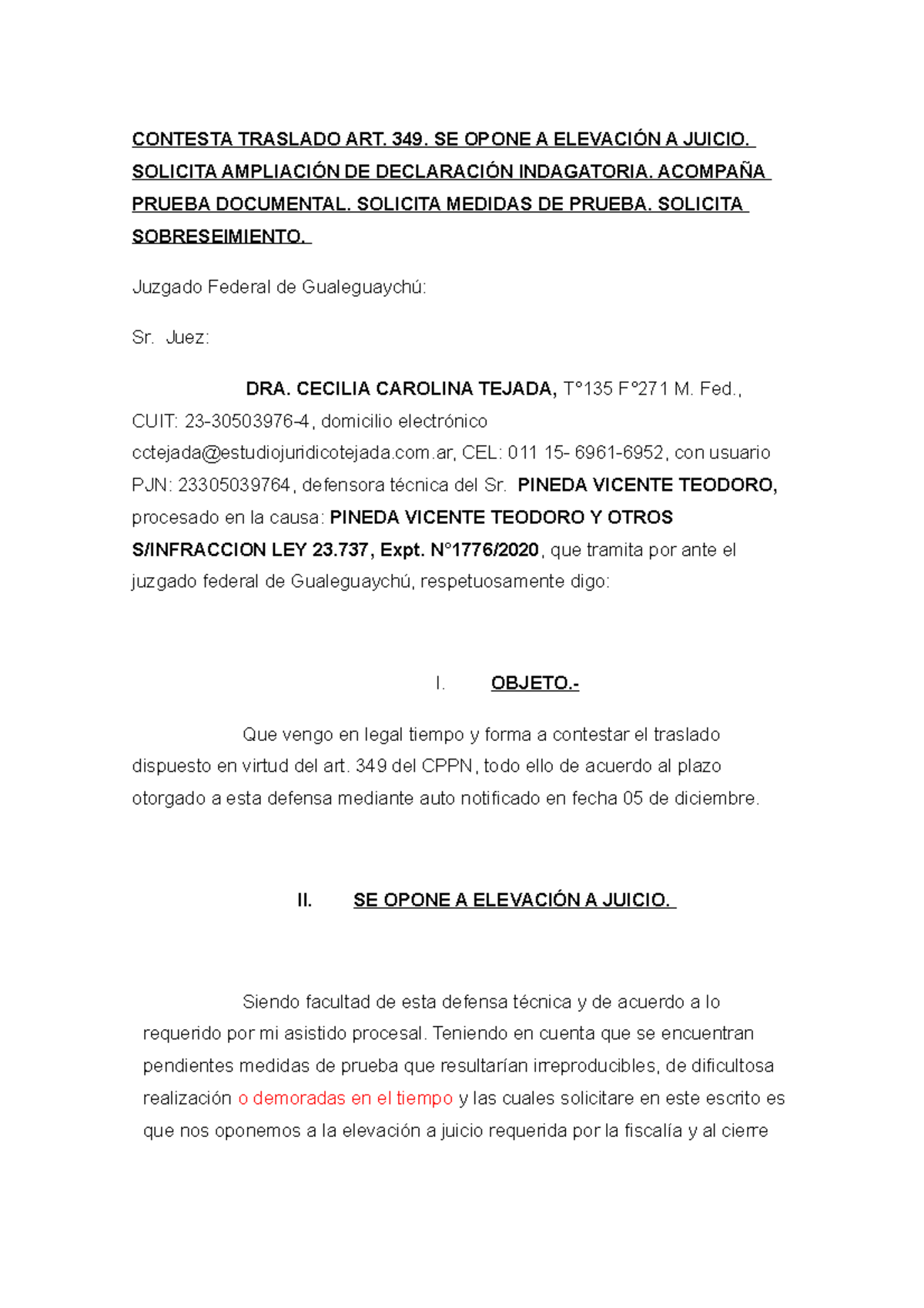 Contesta Traslado SE Opone - CONTESTA TRASLADO ART. 349. SE OPONE A ...